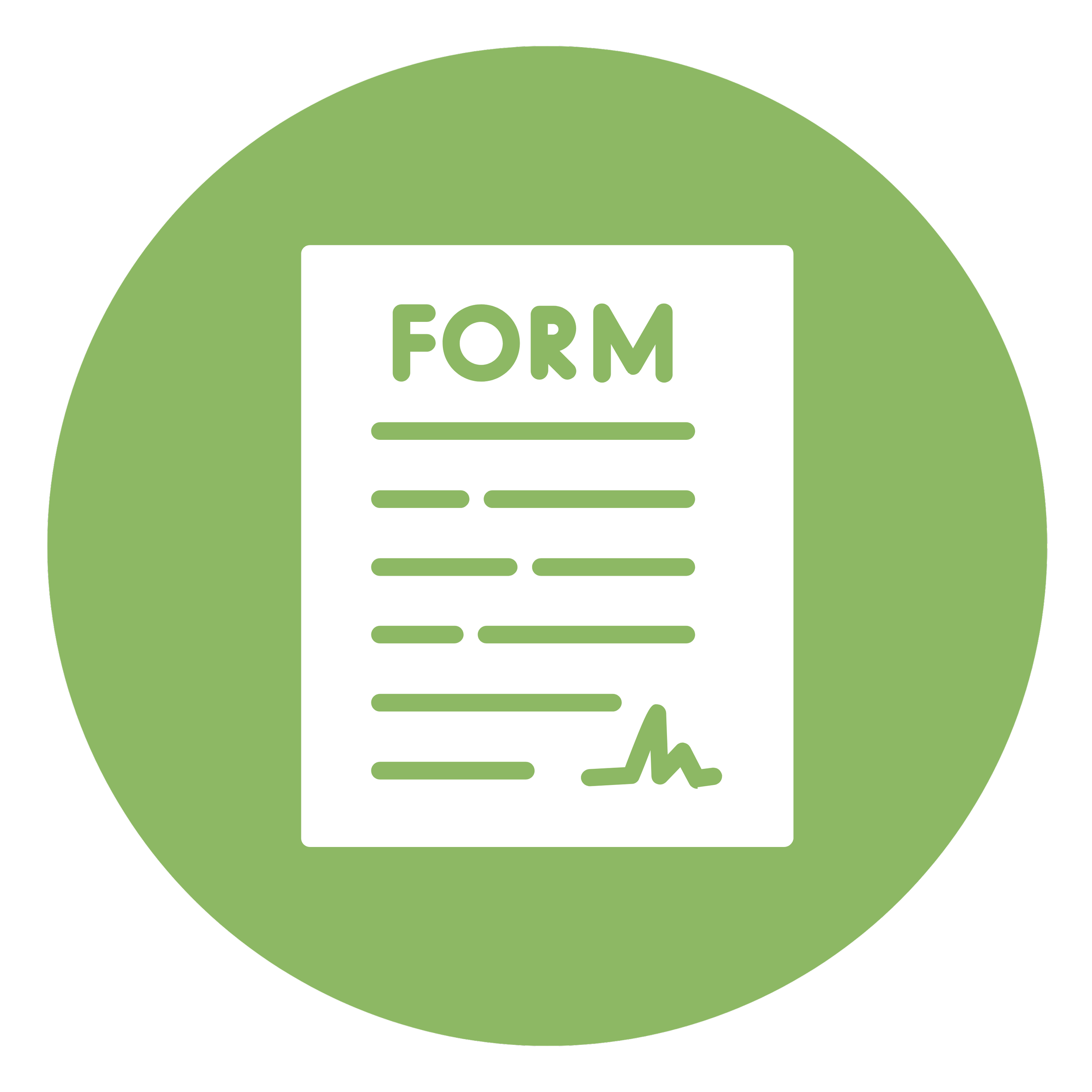 Green circular background with a white rectangle in the center containing the word 'FORM' in green text and a green heartbeat icon below it.