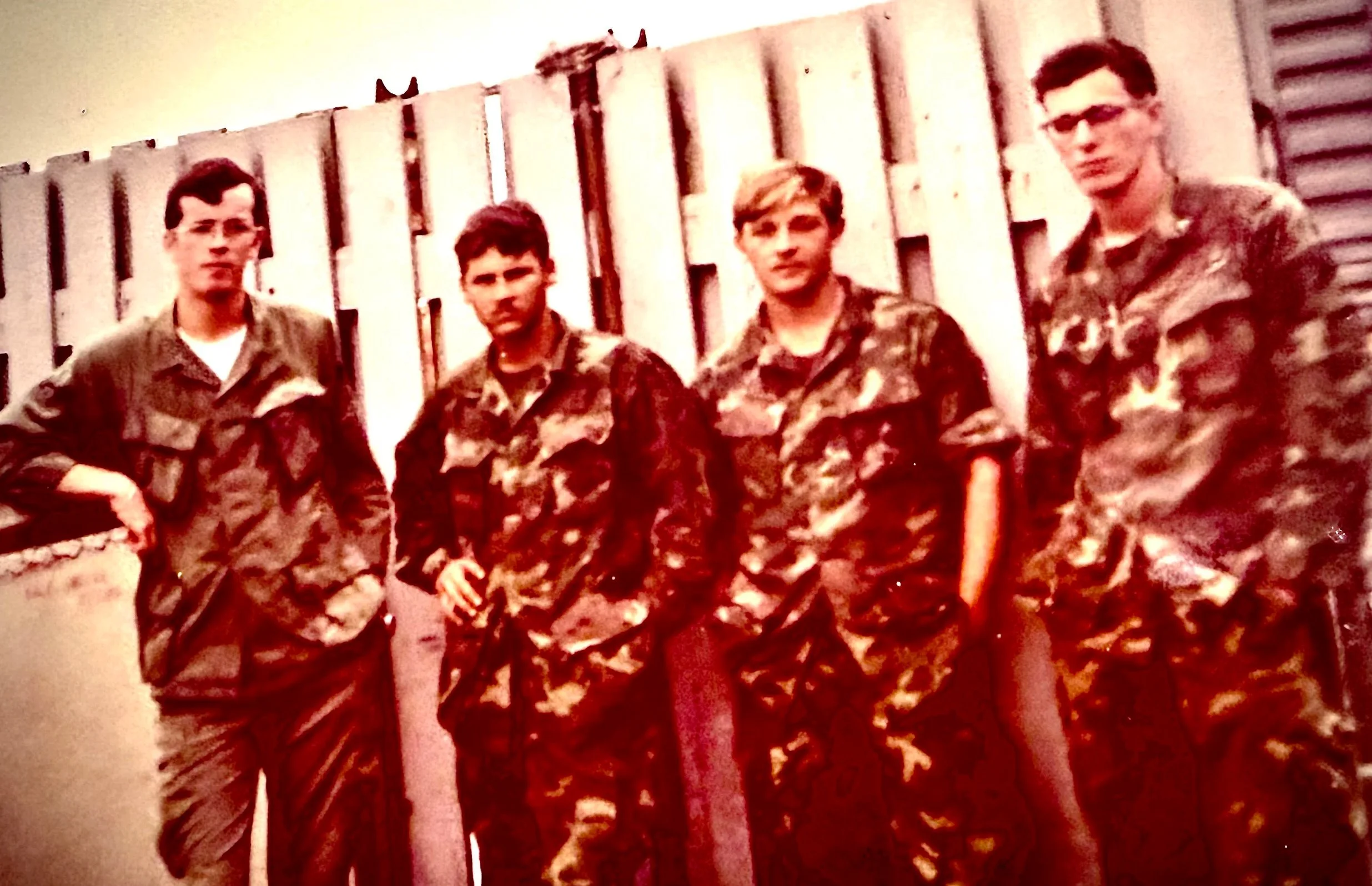 Reunion at Da Nang Airbase, 1970, we're all buds from the same town of Brookline, Ma. and graduates of Brookline High School. We're all Marine infantrymen, except for the tall Air Force guy on the left. He was a fireman at the airbase. Slept in a rea