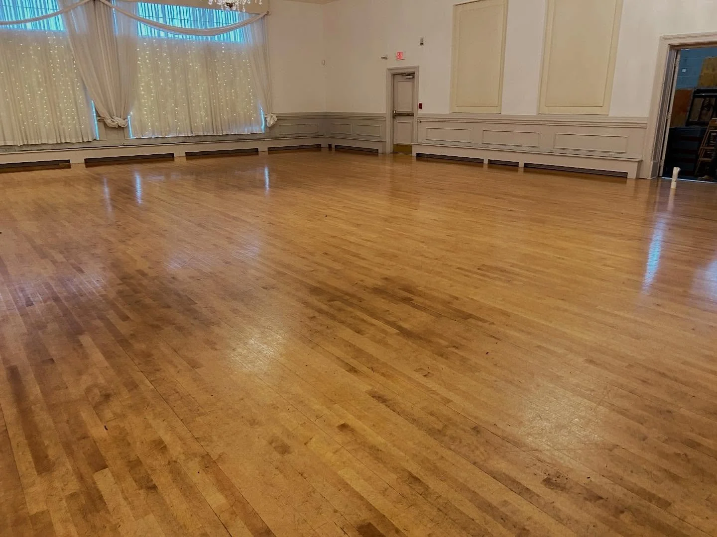 BEFORE &amp; AFTER at Alpine Country Club

Check out this transformation&mdash;sanded down, refinished, and topped off with 3 tough coats of poly! The ballroom floors are now ready to withstand all the energy and excitement of your next big event! 


