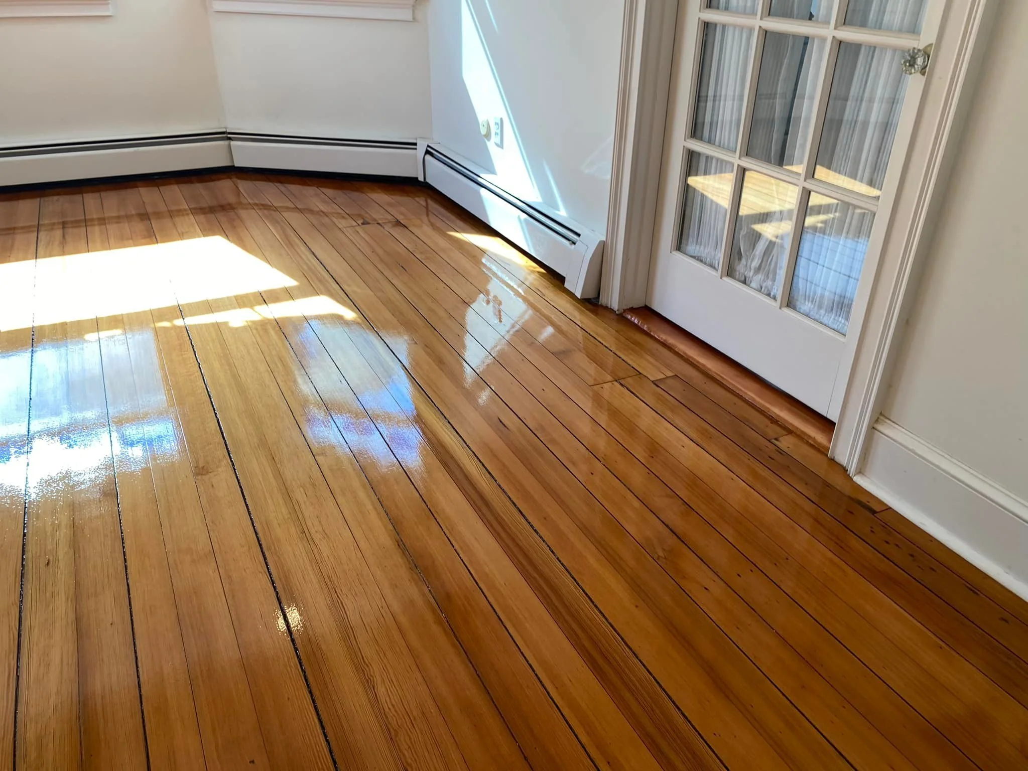 Shiny, freshly cleaned hardwood floor in a bright room with sunlight. White walls, windows, and door with glass panes.