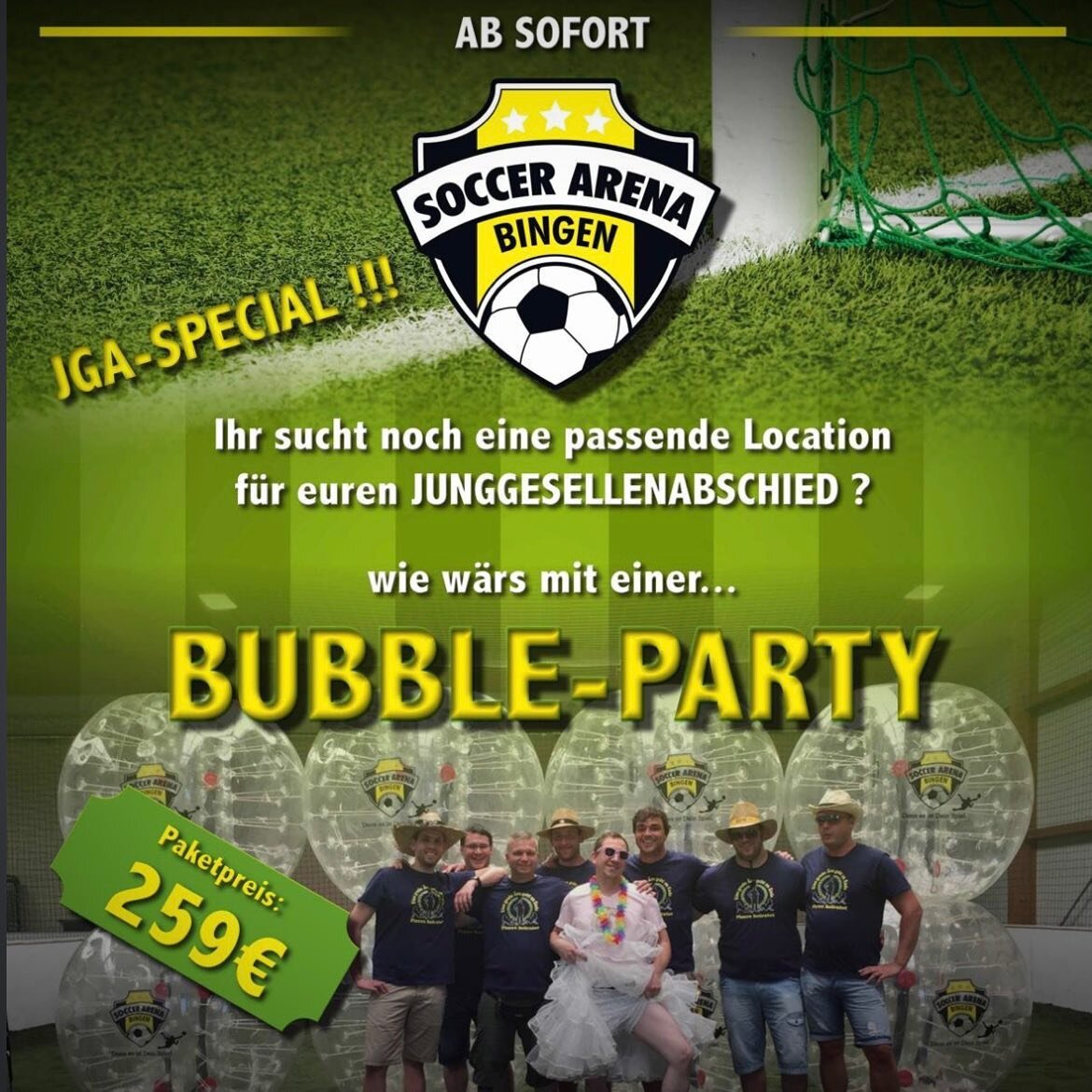 Bubble-Party 🎉 
Ein Riesenspa&szlig; f&uuml;r Gro&szlig; und Klein.

Ihr seid auf der Suche nach einem Hit f&uuml;r den Junggesellenabschied oder einer au&szlig;erw&ouml;hnlichen Geburtstagsparty? Dann sind unsere Bubble Parties genau das Richtige f