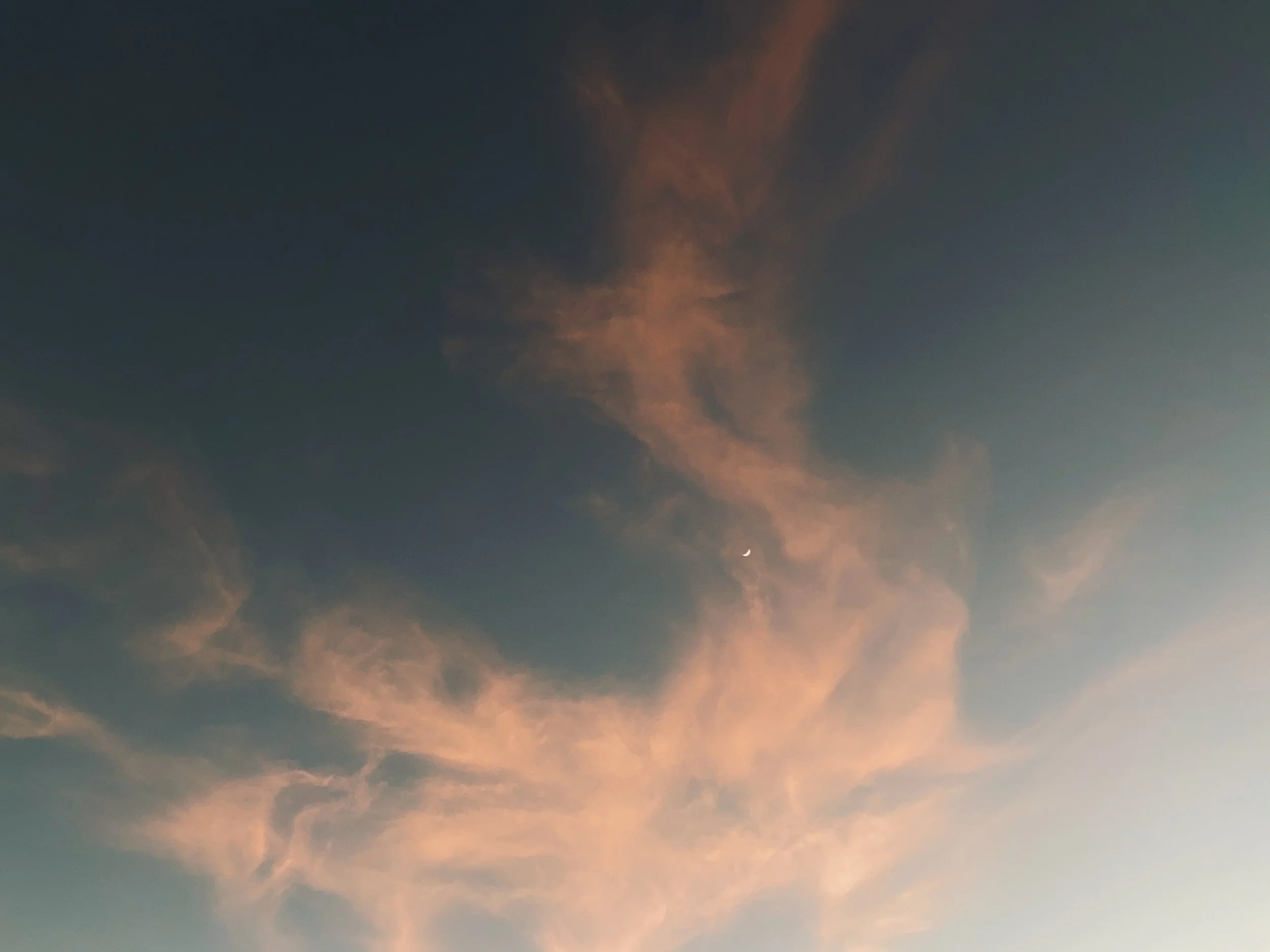Sky with pink and orange clouds and a crescent moon.