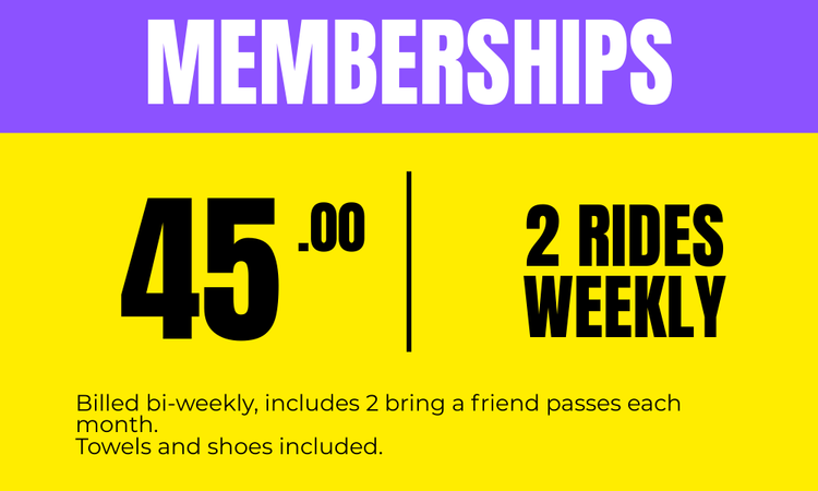 Membership options graphic with pricing details. Yellow and black background. Shows $45 for 2 rides weekly, billed bi-weekly. Includes 2 friend passes monthly, with towels and shoes provided. Cost is $11.25 per ride. Purple splatter design.