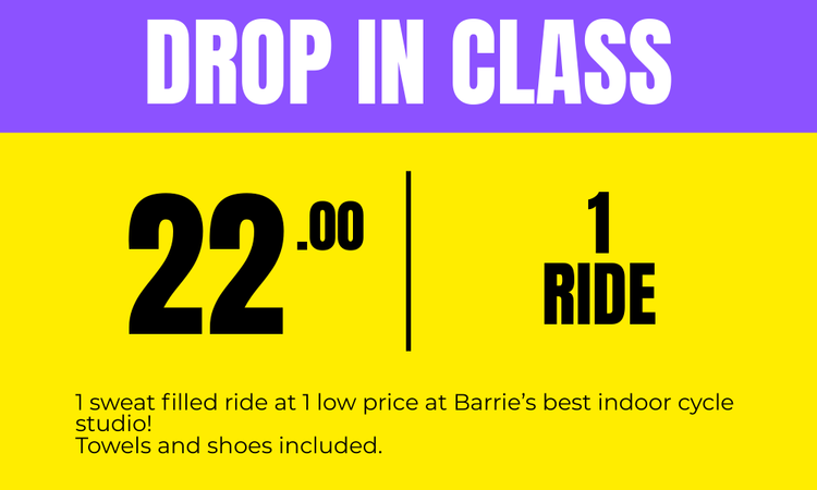 Promotional image for a drop-in class featuring $22 per ride. Includes towels and shoes. Designed for a quick workout. Background with purple splatters and bold yellow text.