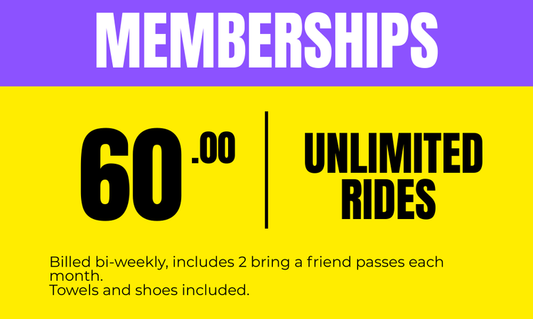 A promotional poster for a membership plan offering unlimited rides for $60, billed bi-weekly, including two friend passes per month, with towels and shoes provided. Background features a black and yellow design with purple splatters.