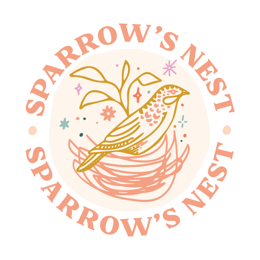 Logo featuring a stylized bird sitting on a nest with a plant, surrounded by the text "Sparrow's Nest" in a circular layout, with decorative stars and flowers.