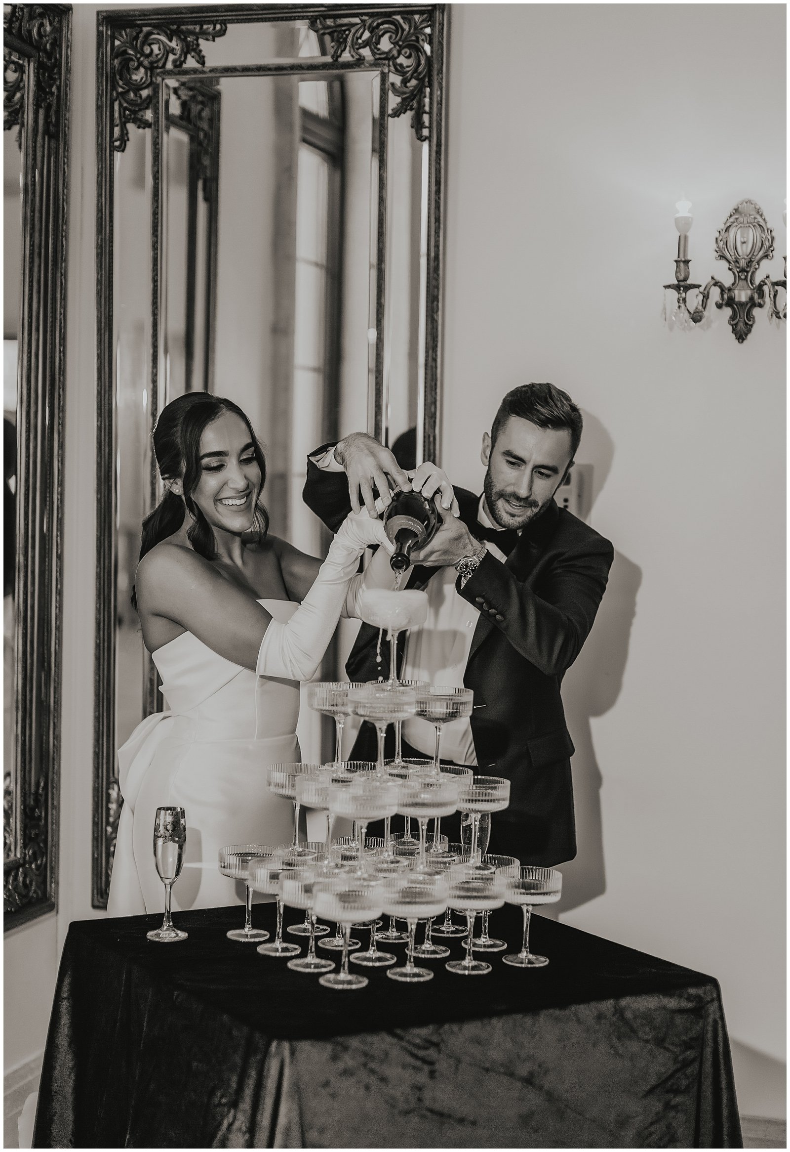 Bride and Groom Champagne Tower Pour