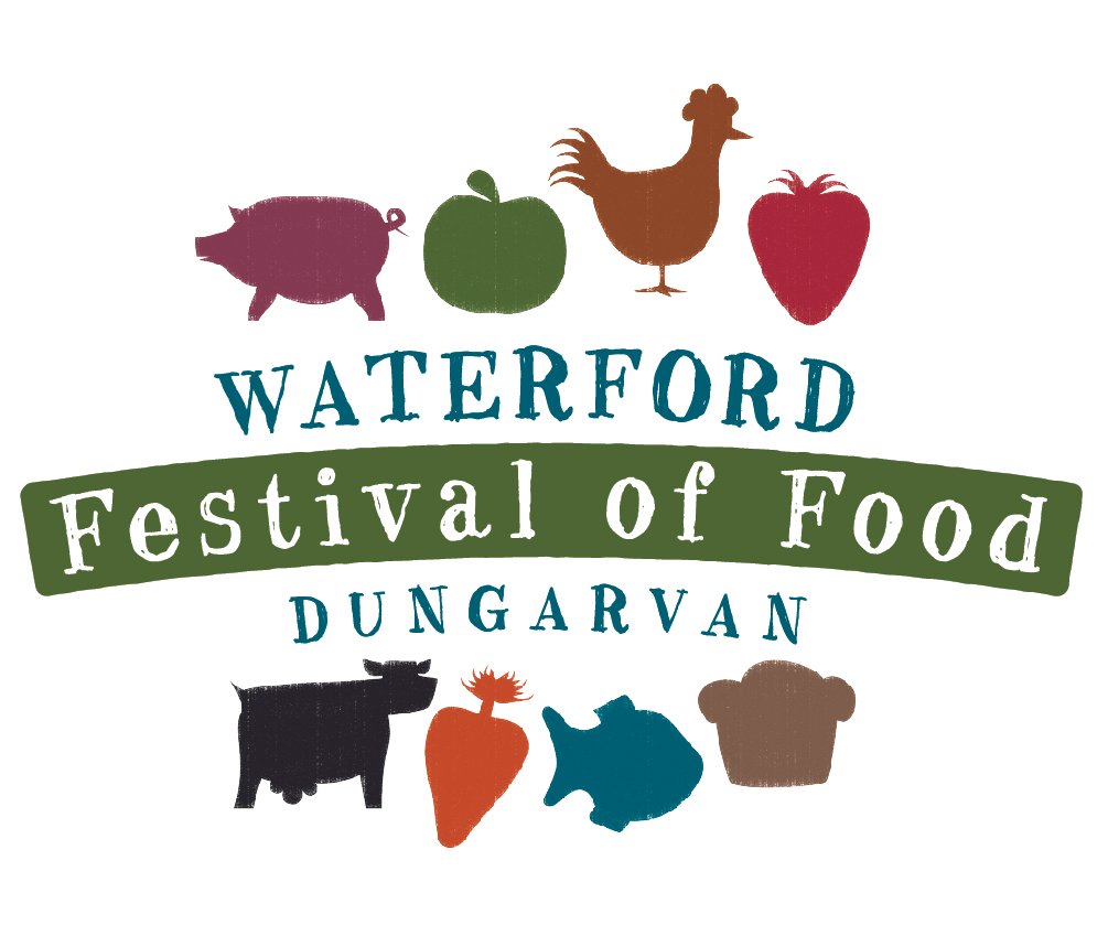 Logo for Waterford Festival of Food in Dungarvan featuring stylized illustrations of various food items, including a pig, apple, chicken, strawberry, cow, carrot, fish, and bread.