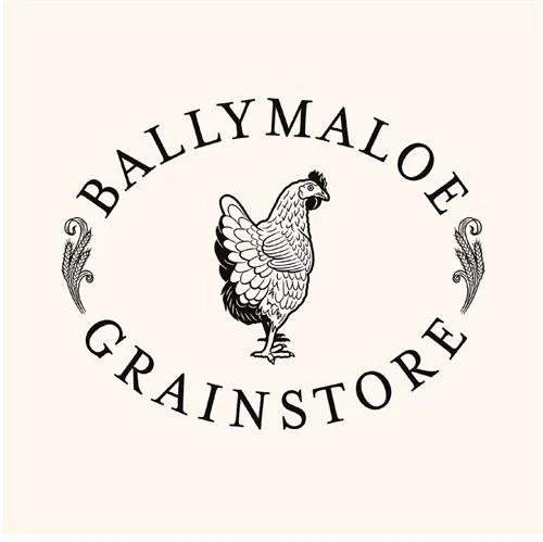 Logo for Ballymaloe Grainstore featuring a rooster with decorative feathers on the sides.