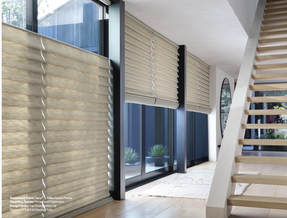 Close-up styling detail for Hunter Douglas showcasing luxury custom window treatments near a stairwell in a modern home, styled by Stephen Pappas Interiors
