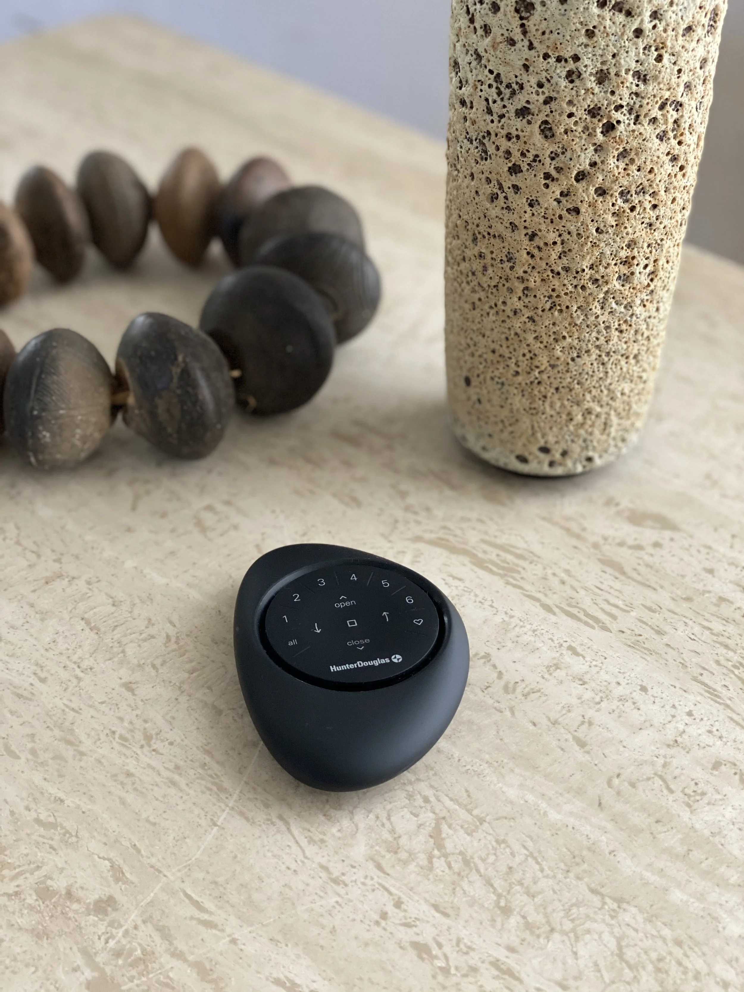 Detail of interior styling for Hunter Douglas featuring modern home accents, styled by Stephen Pappas Interiors