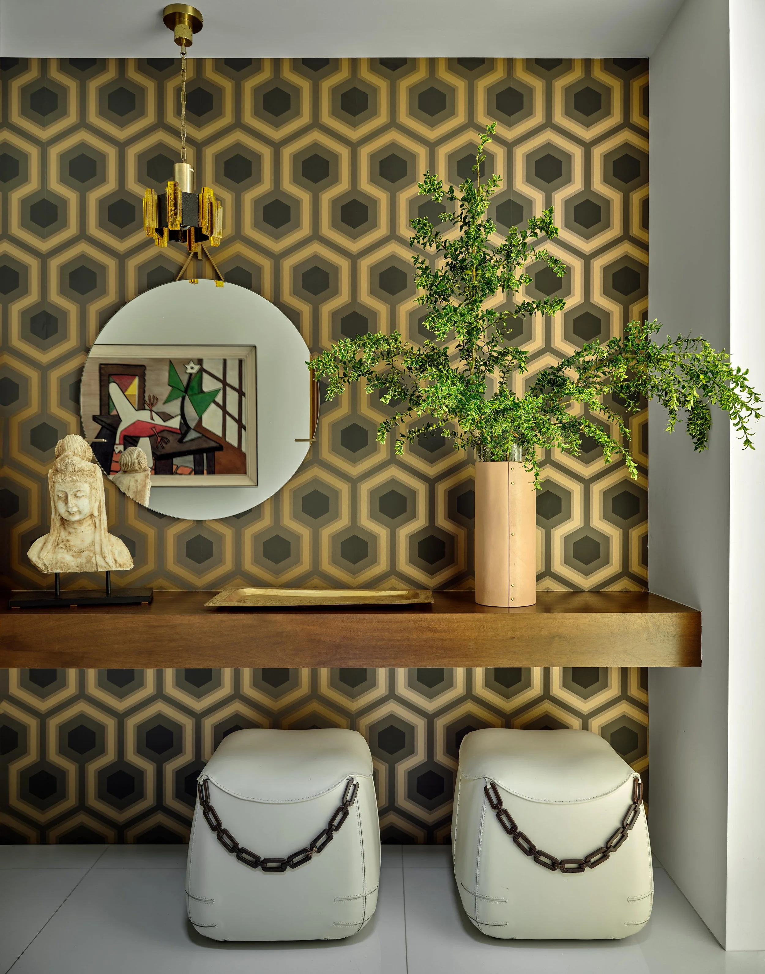 Powder Room of Trousdale Estates area, Beverly Hills luxury home featuring exotic wall paper, chic pouf seating and modern accents, full-service interior design by Stephen Pappas Interiors, Los Angeles