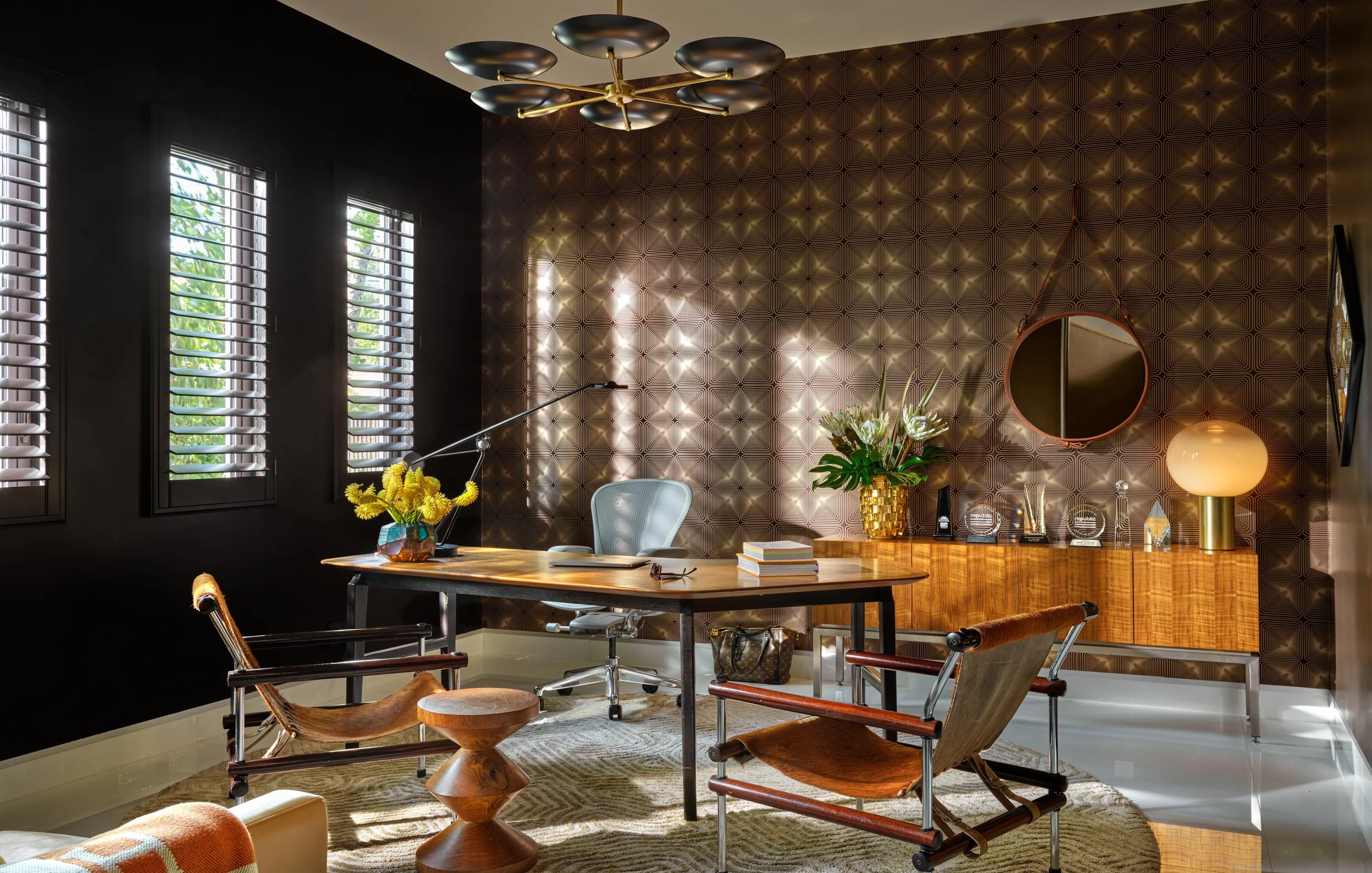 Home office of Trousdale Estates area, Beverly Hills luxury home featuring elegant wall paper, chic accents and modern seating, full-service interior design by Stephen Pappas Interiors, Los Angeles