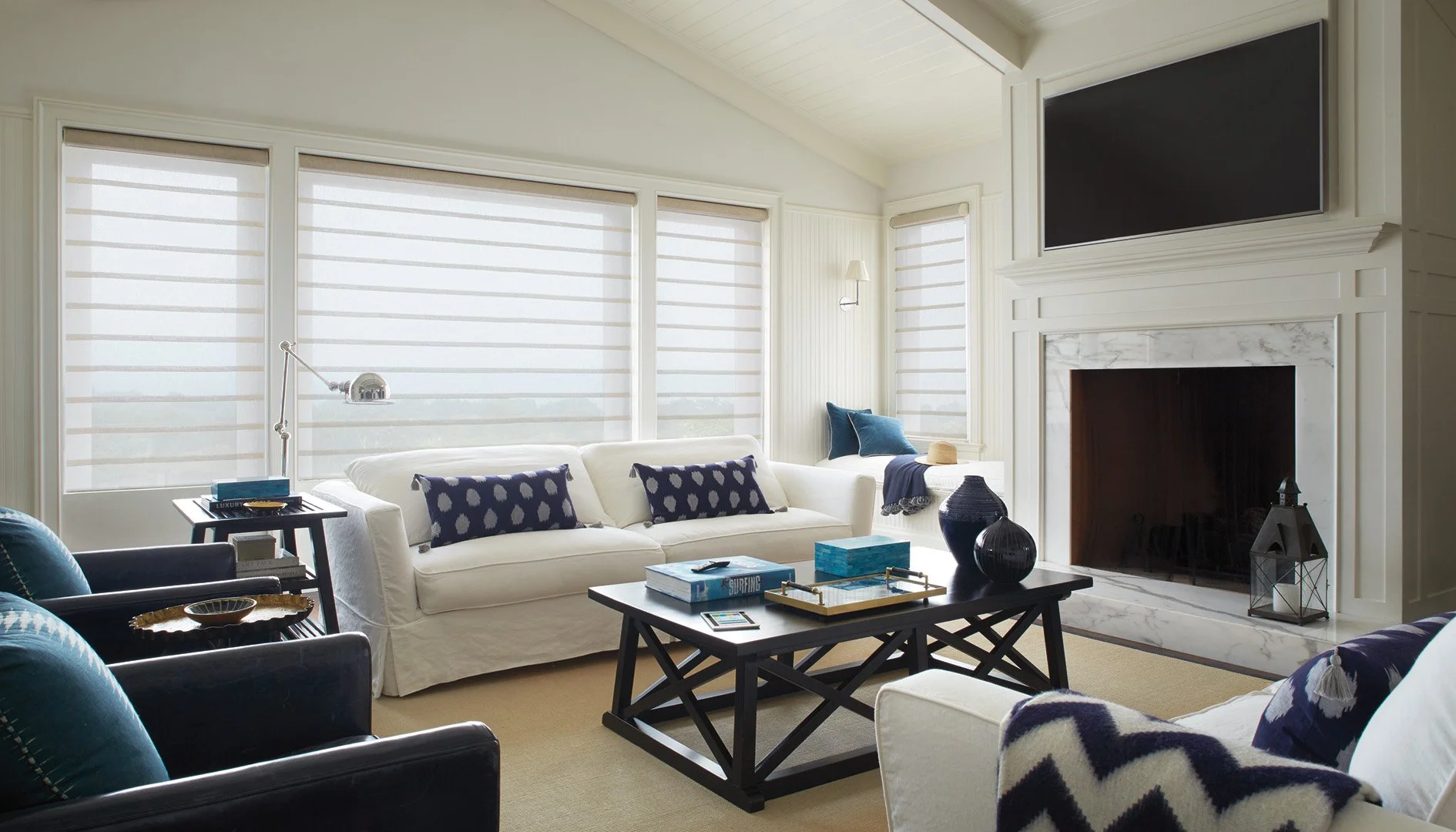 Interior styling for Hunter Douglas featuring luxury custom blinds in modern living room with curated furniture and artwork, styled by Stephen Pappas Interiors