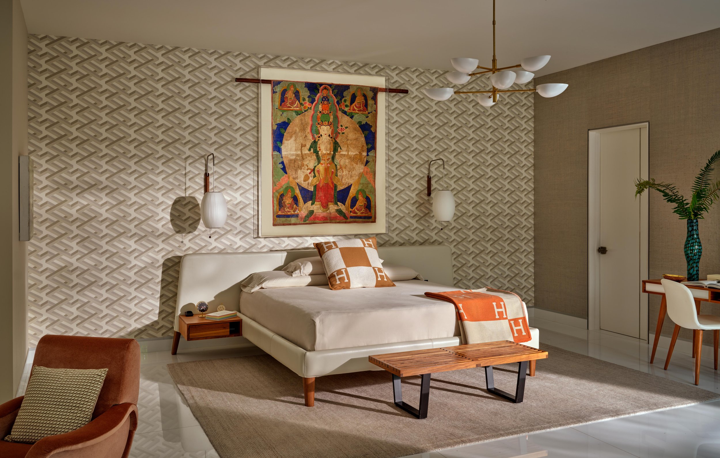 Bedroom of Trousdale Estates area, Beverly Hills luxury home featuring custom wall paper, a sleek modern bed frame and furniture, full-service interior design by Stephen Pappas Interiors, Los Angeles