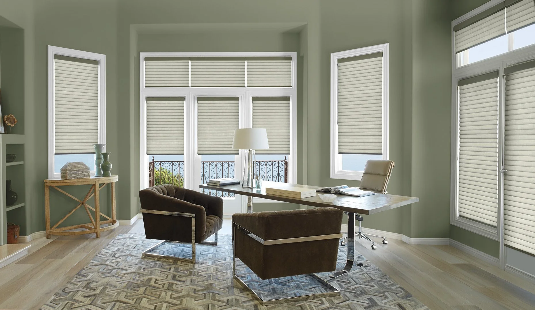 Interior styling for Hunter Douglas featuring luxury custom blinds in modern home office with curated furniture and artwork, styled by Stephen Pappas Interiors