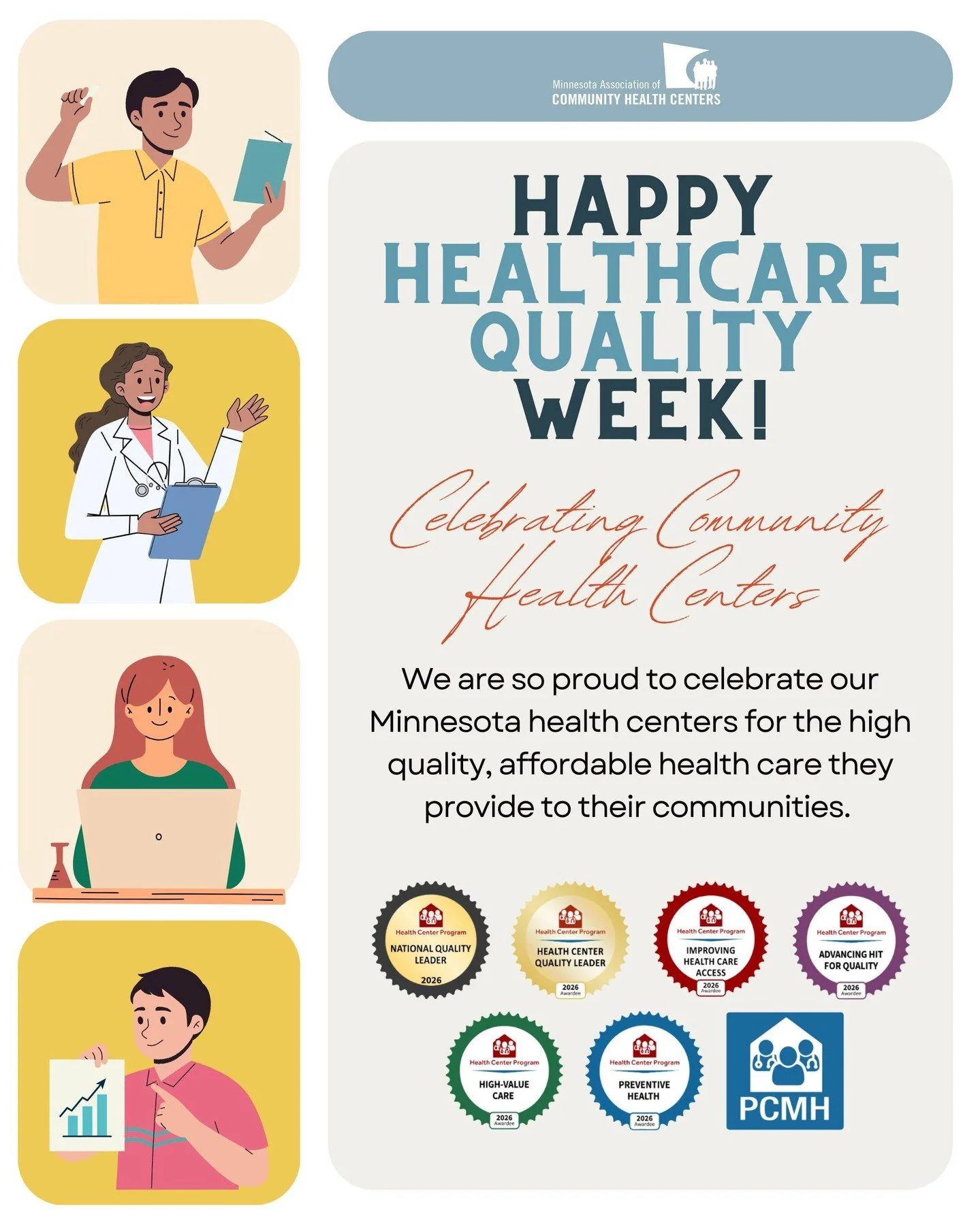 Happy Healthcare Quality Week! 💙

We are so proud to celebrate our Minnesota health centers for the high-quality, affordable health care they provide to their communities. 

This year, Minnesota&rsquo;s 17 health centers earned 23 Community Health Q