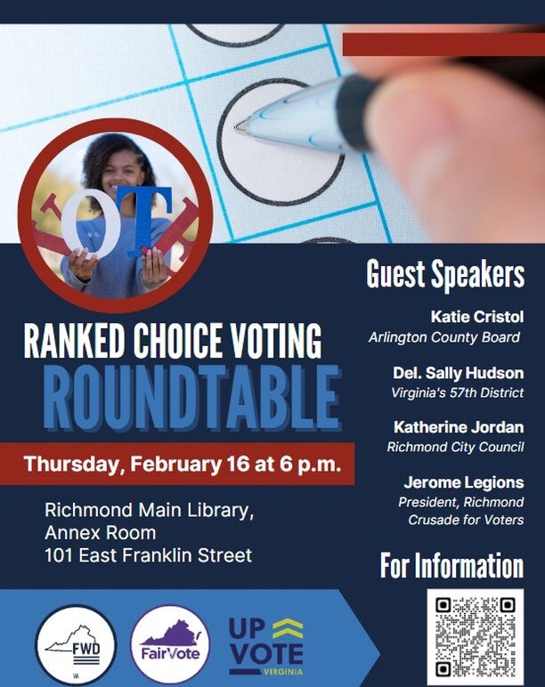 For more details and to RSVP, visit https://upvoteva.org/blog/in-person-event-rcv-roundtable

Join us for a unique opportunity to listen to and engage with others involved in #rankedchoicevoting around the state! 

Learn about the history of RCV in V