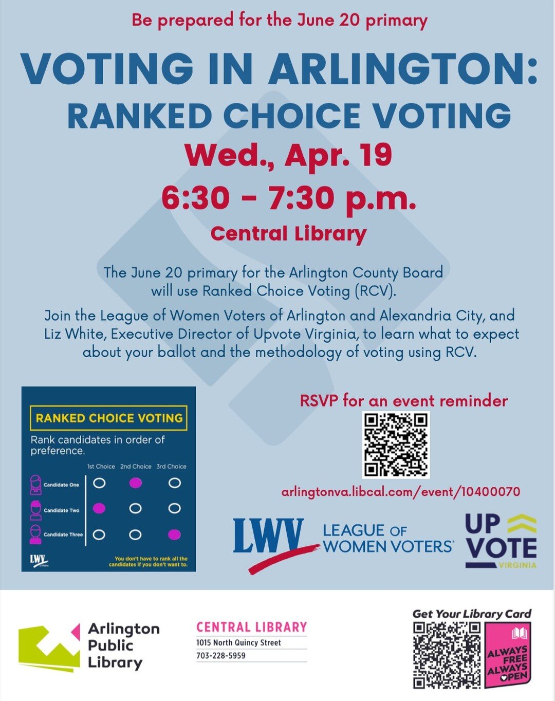 Join us tomorrow in Arlington to learn about using #rankedchoicevoting in the June 20 Dem primary. Thanks to @apl.reachingout, @lwvarlalexcity, and @arlingtonvotes for getting the word out to voters so they can get ready to rank!