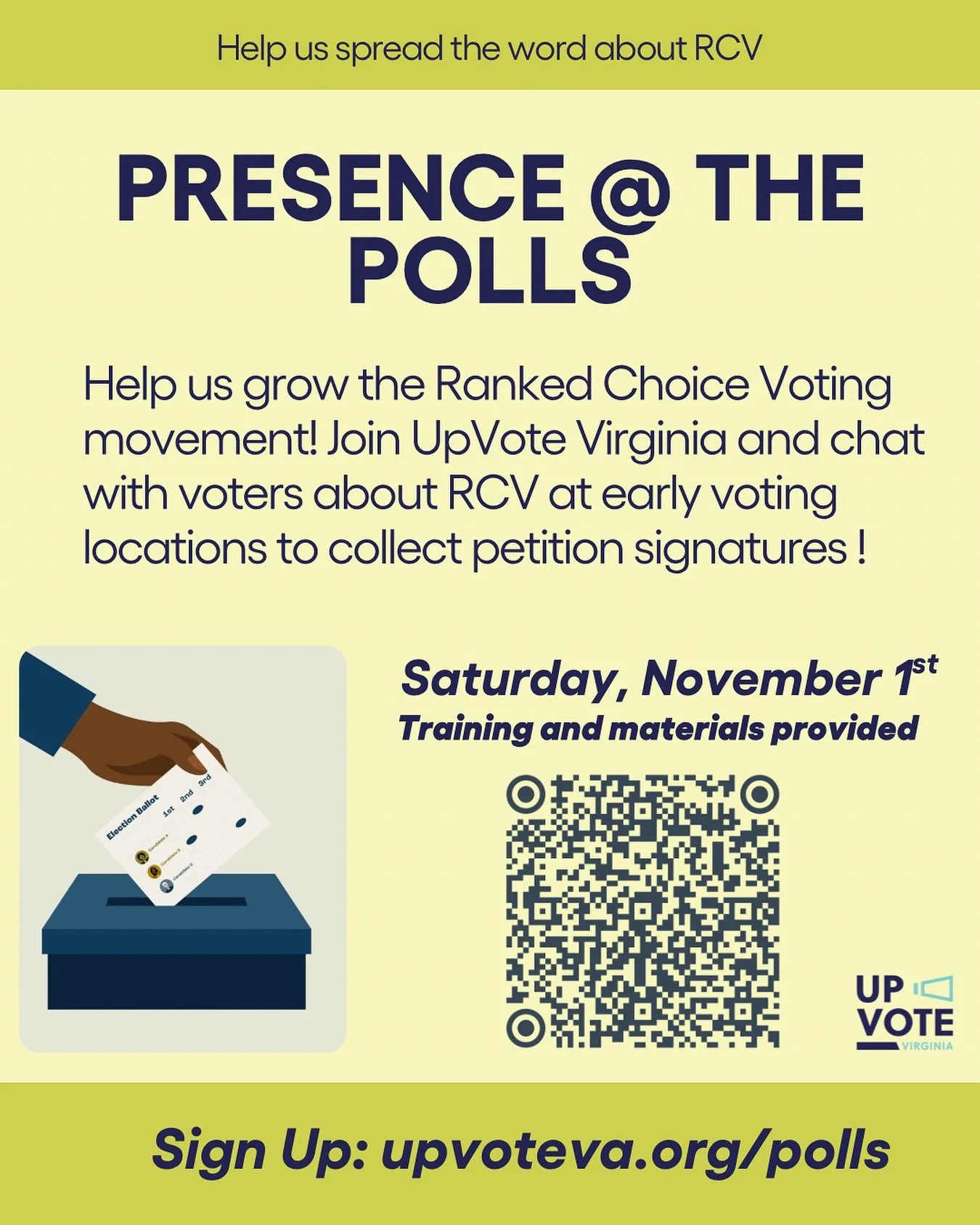 Our favorite time of the year is here&mdash; Presence @ The Polls! Help grow the movement and sign up today🗳️

Sign Up: UpVoteVa.org/polls

#rankedchoicevoting #earlyvoting #virginia #pollwork