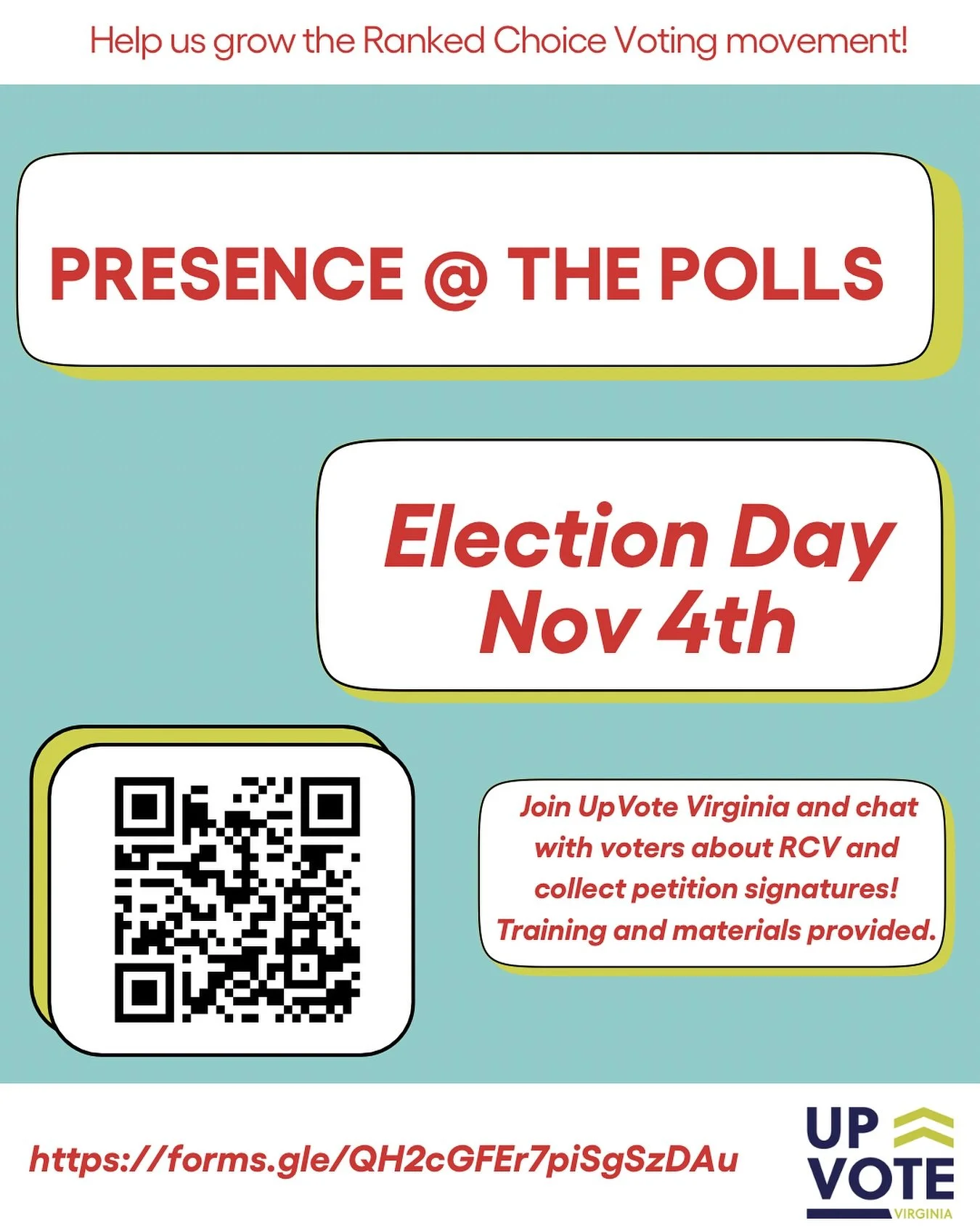 🗳️ Big news — Election Day is now part of Presence at the Polls!
Join us as we gather petition signatures to expand Ranked Choice Voting across Virginia. 💪
Prefer your own polling place? No worries — we’ll make sure you’re