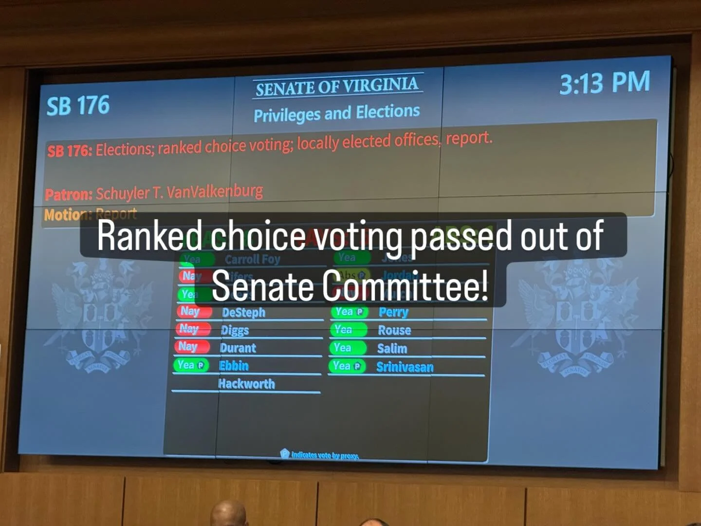 SB176 (extending the local option for #rankedchoicevoting to town councils and making the pilot program permanent) was reported out of the Virginia Senate P&amp;E Committee 8-5-1! On to the full Senate.