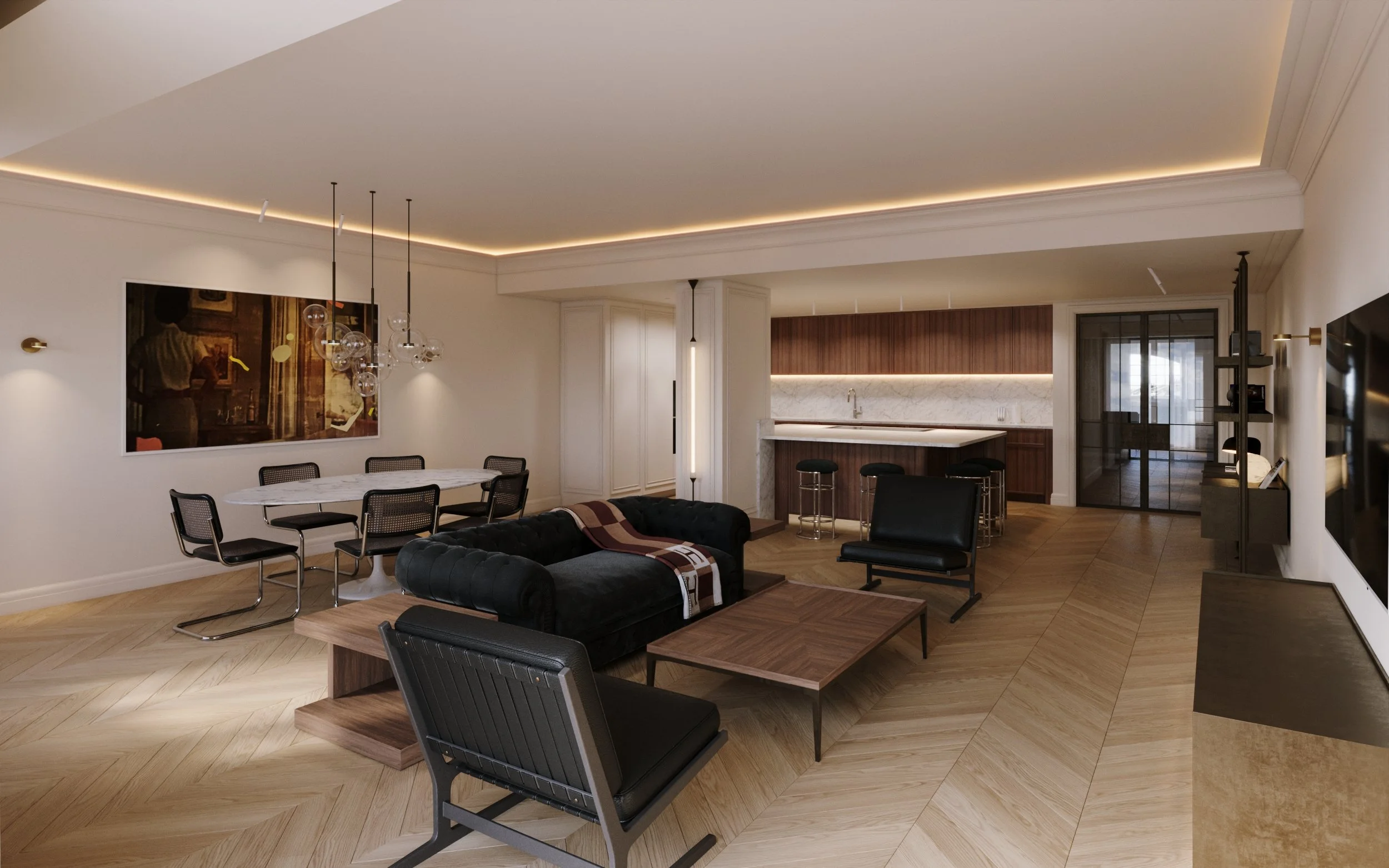 Living and dining room in a Grade II listed Butlers Wharf apartment, with herringbone oak floor, marble dining table, Cesca chairs and a walnut kitchen.