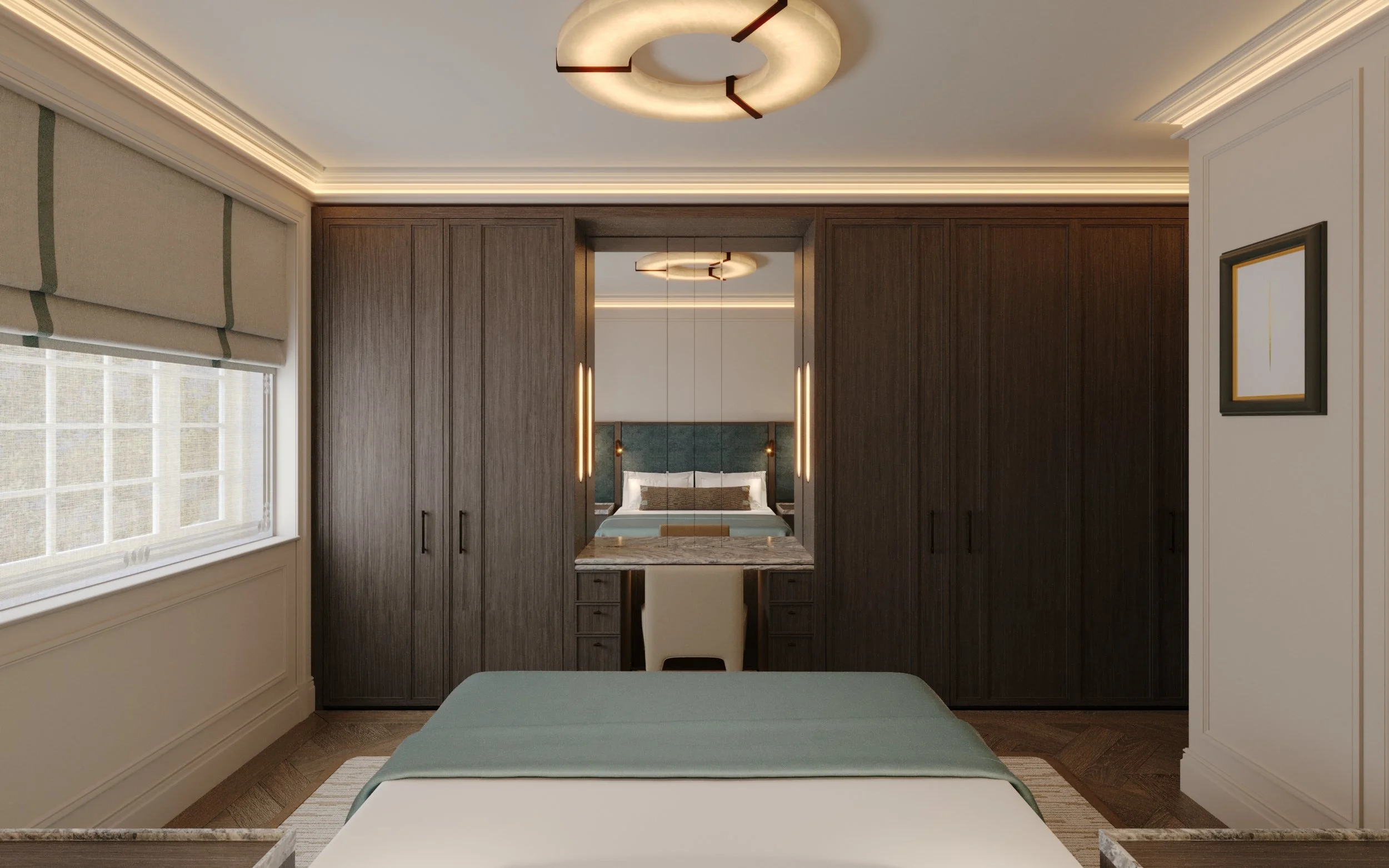 Primary bedroom interior design in St John’s Wood, London, featuring bespoke wall panelling and a contemporary oversized upholstered headboard by Supremati