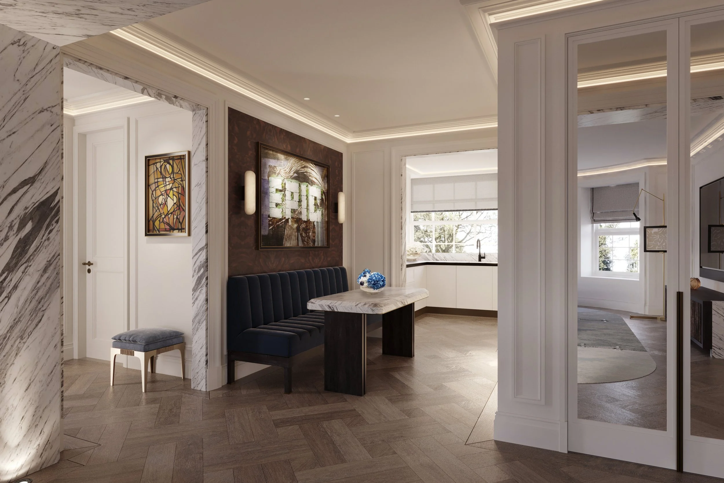 Contemporary dining room designed by Supremati within a reimagined St John’s Wood Neo-Georgian residence, featuring bespoke dining furniture, minimalist architectural detailing, and curated modern artwork for an elegant family dining experience.