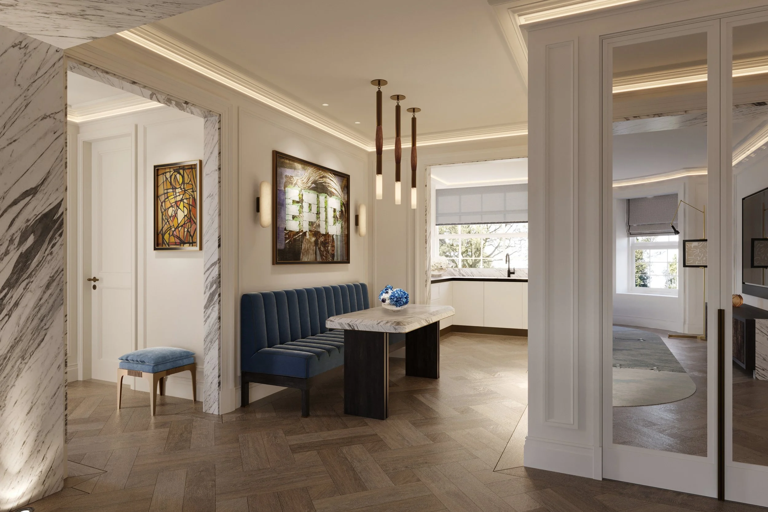 Supremati Interiors’ bespoke dining room and kitchen design in a Neo-Georgian St John’s Wood residence, showcasing refined materials and timeless craftsmanship.