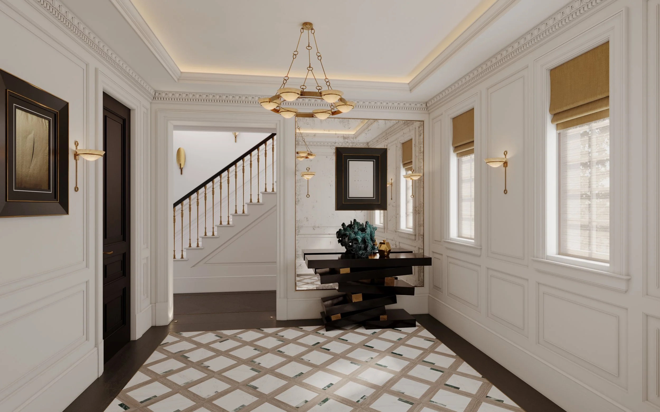 Entrance hall of a luxury Wimbledon Village residence featuring white wall panelling, curated gallery lighting and original Lucio Fontana artworks.