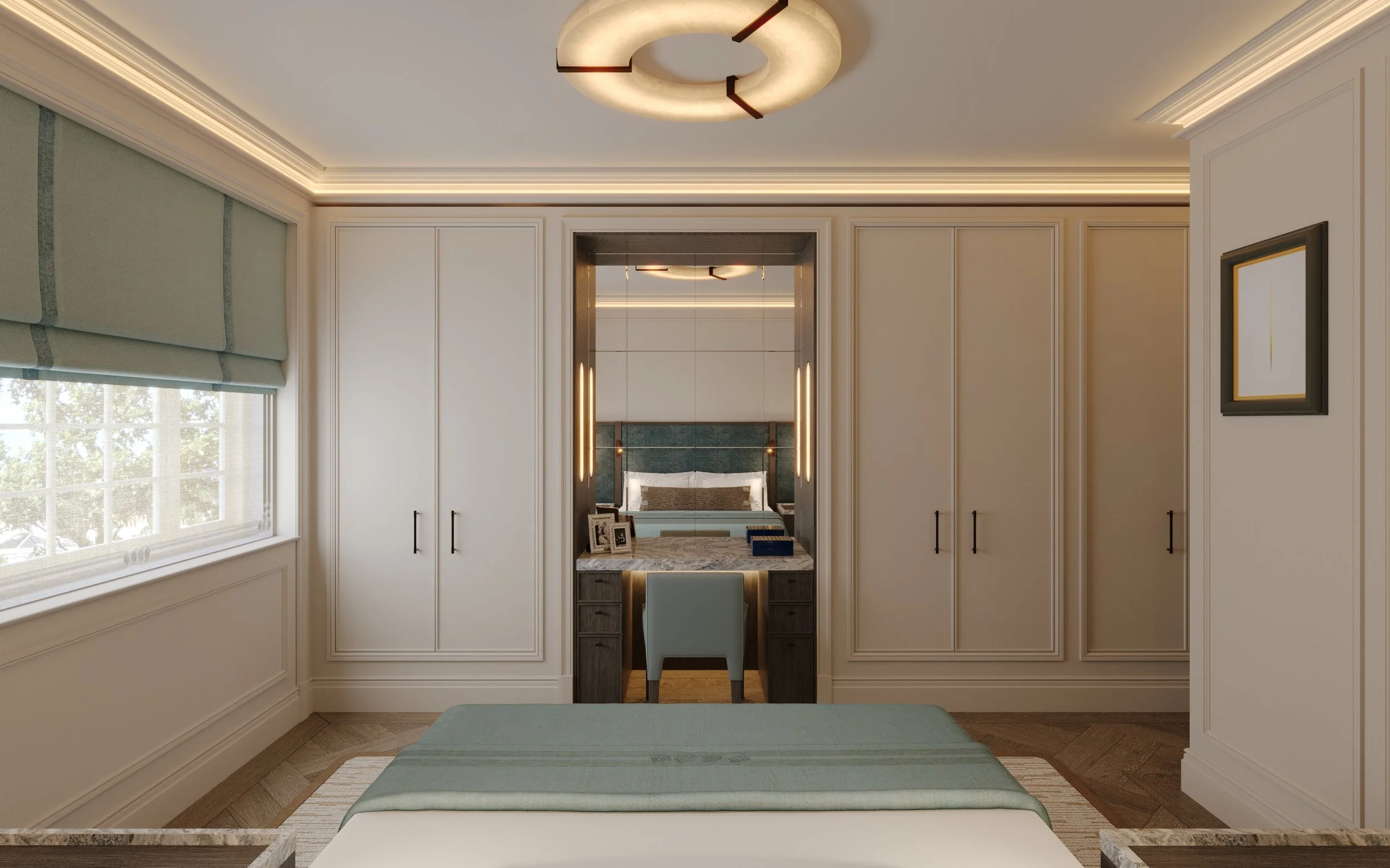 Primary bedroom interior design in St John’s Wood, London, featuring bespoke wall panelling and a contemporary oversized upholstered headboard by Supremati