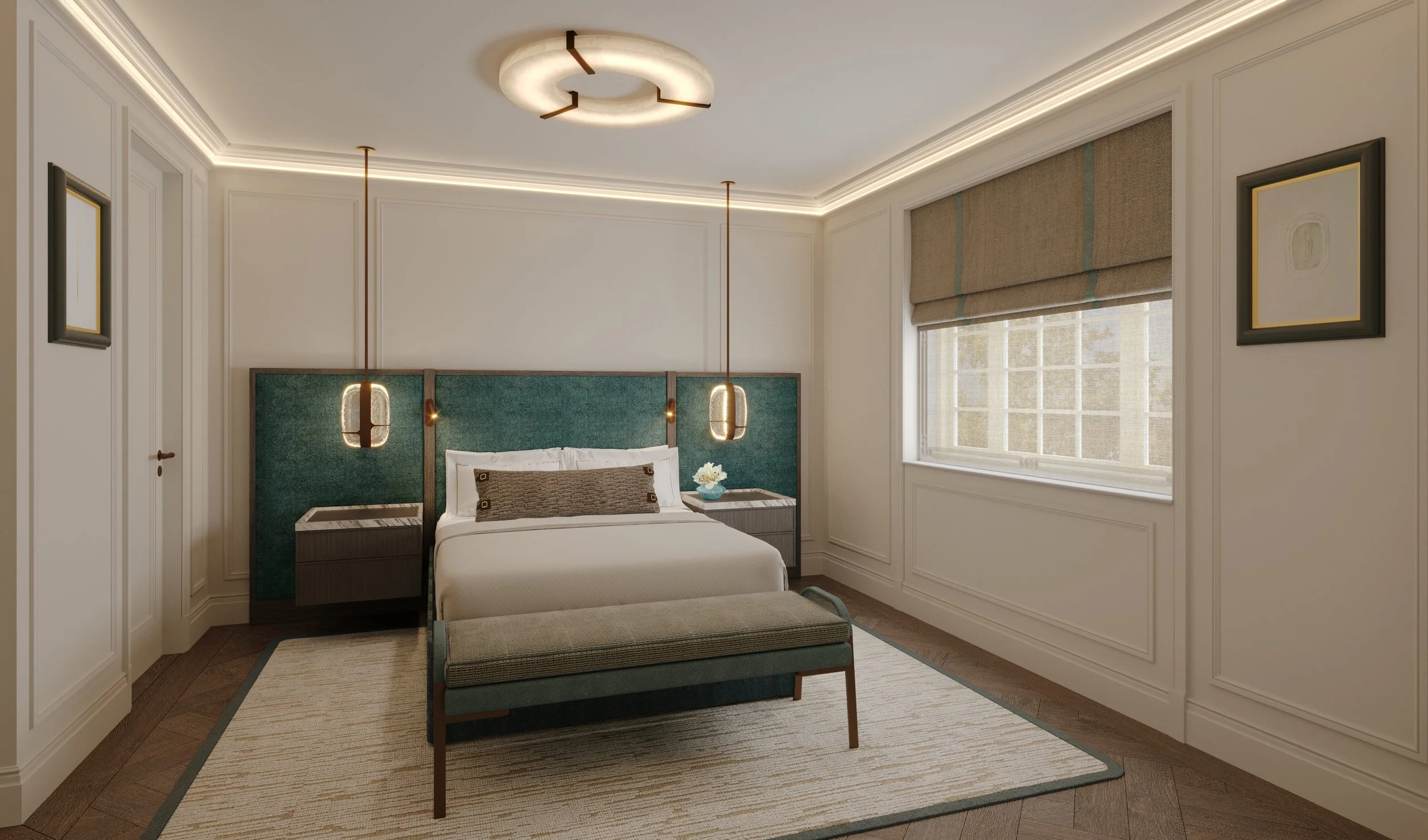 Primary bedroom interior design in St John’s Wood, London, featuring bespoke wall panelling and a contemporary oversized upholstered headboard by Supremati