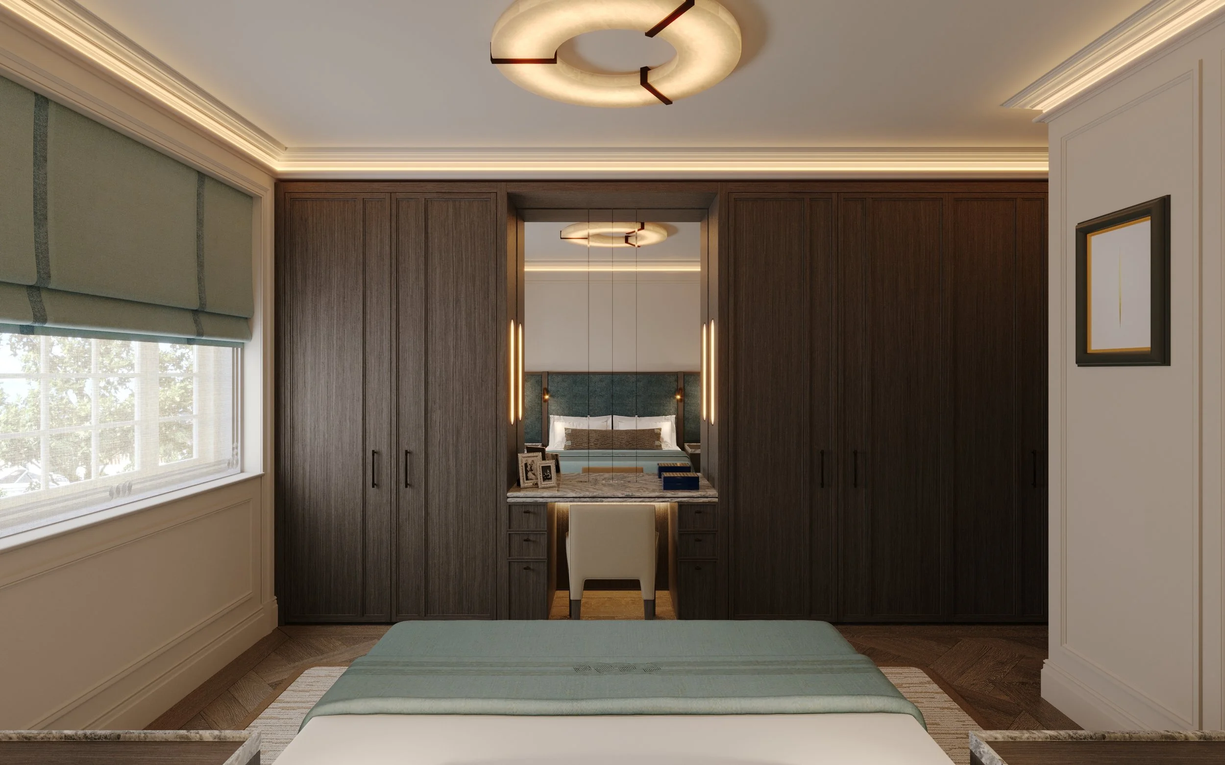 Primary bedroom interior design in St John’s Wood, London, featuring bespoke wall panelling and a contemporary oversized upholstered headboard by Supremati