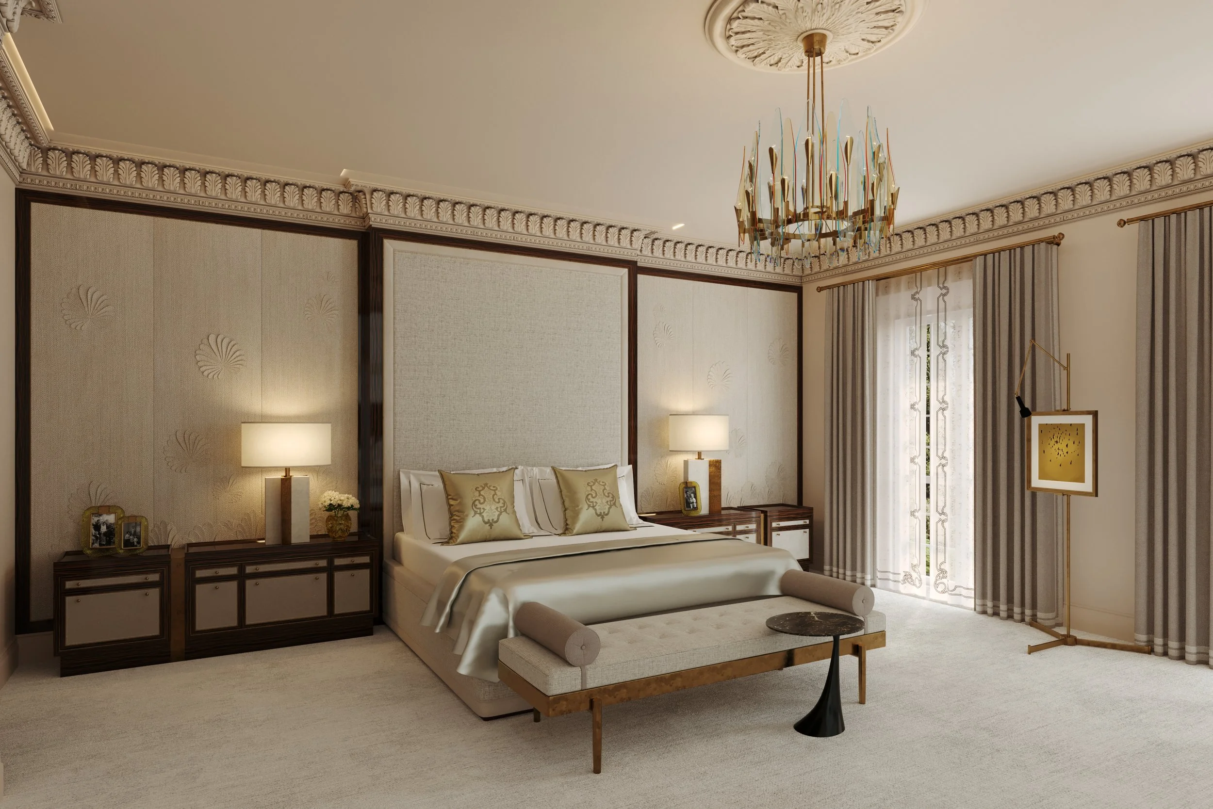 Belgravia primary bedroom interior design with bespoke tall Macassar wood feature wall and Aiveen Daly fabric inset panels