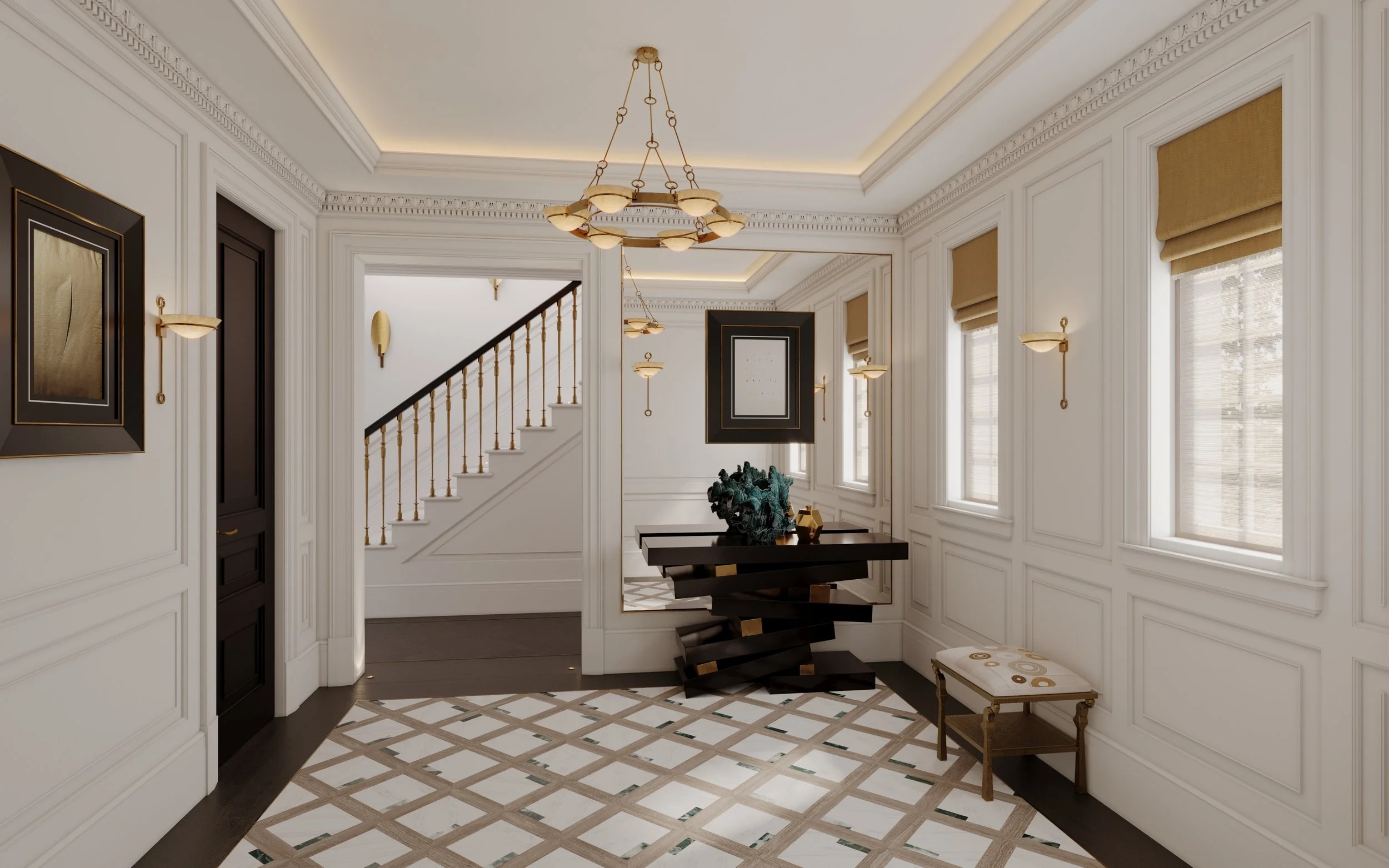 Entrance hall of a luxury Wimbledon Village residence featuring white wall panelling, curated gallery lighting and original Lucio Fontana artworks.