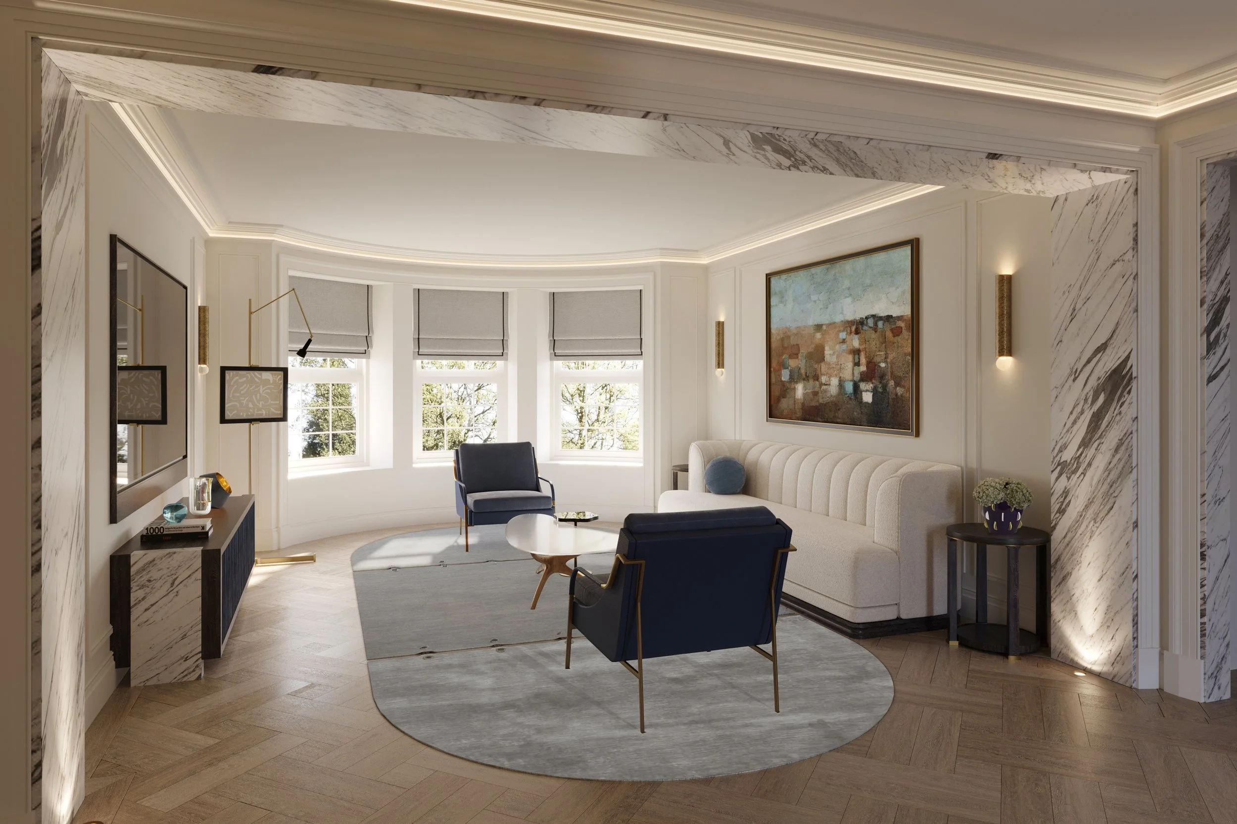 Elegant Neo-Georgian inspired reception room designed by Supremati in St John’s Wood, London, featuring refined modern boiserie, bespoke contemporary furniture, curated artwork, and softly layered textures creating a sophisticated family retreat.