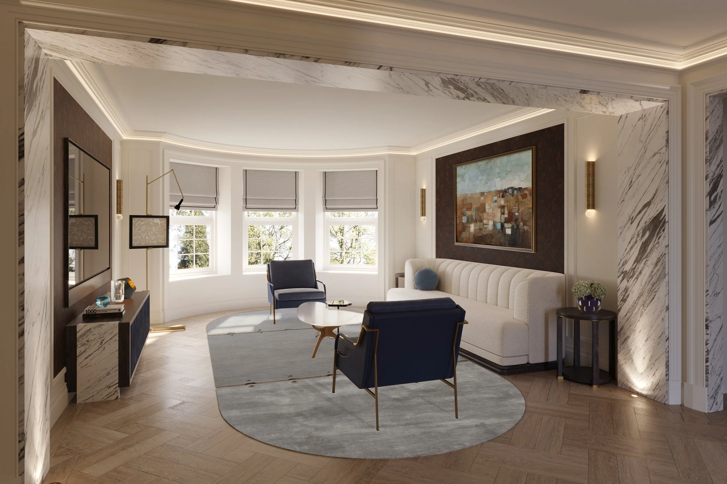 Elegant Neo-Georgian inspired reception room designed by Supremati in St John’s Wood, London, featuring refined modern boiserie, bespoke contemporary furniture, curated artwork, and softly layered textures creating a sophisticated family retreat.