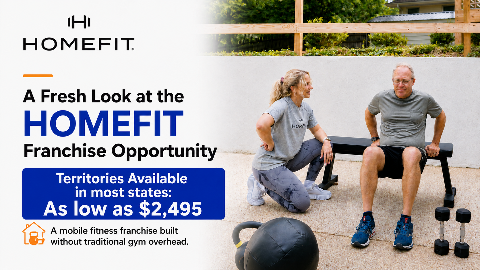 HOMEFIT fitness franchise opportunity advertisement featuring a personal trainer coaching an older adult outdoors, promoting mobile in-home personal training franchise territories and opportunities starting as low as $2,495.
