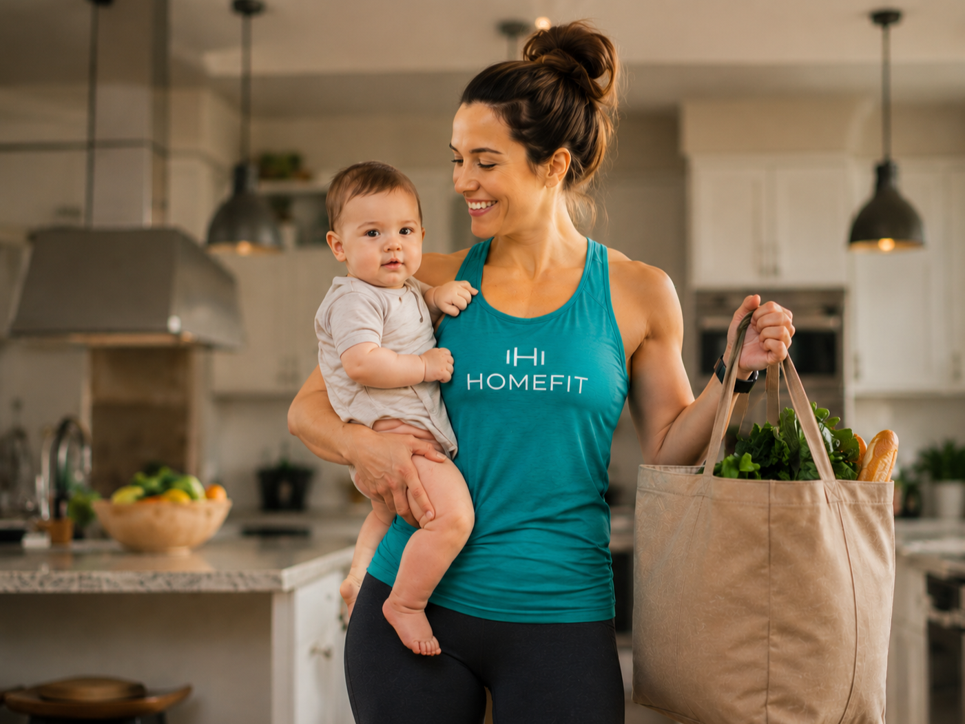 A fit mother wearing a teal HOMEFIT tank top smiles while holding her baby and carrying a reusable grocery bag in a bright modern kitchen, representing functional fitness, strength for everyday parenting, and healthy in home living.