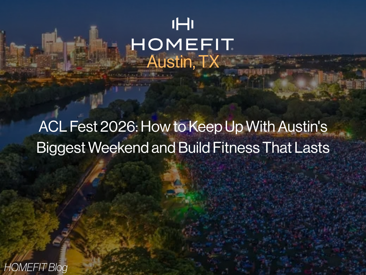 Austin, Texas skyline overlooking a crowded outdoor music festival at Zilker Park, featuring HOMEFIT Austin branding and an ACL Fest 2026 fitness blog title about strength, endurance, and personal training.