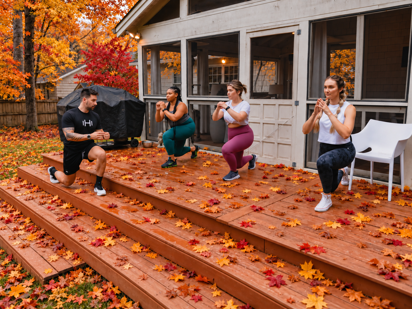 HOMEFIT group personal training session outdoors in fall, featuring functional strength training and customized fitness coaching.