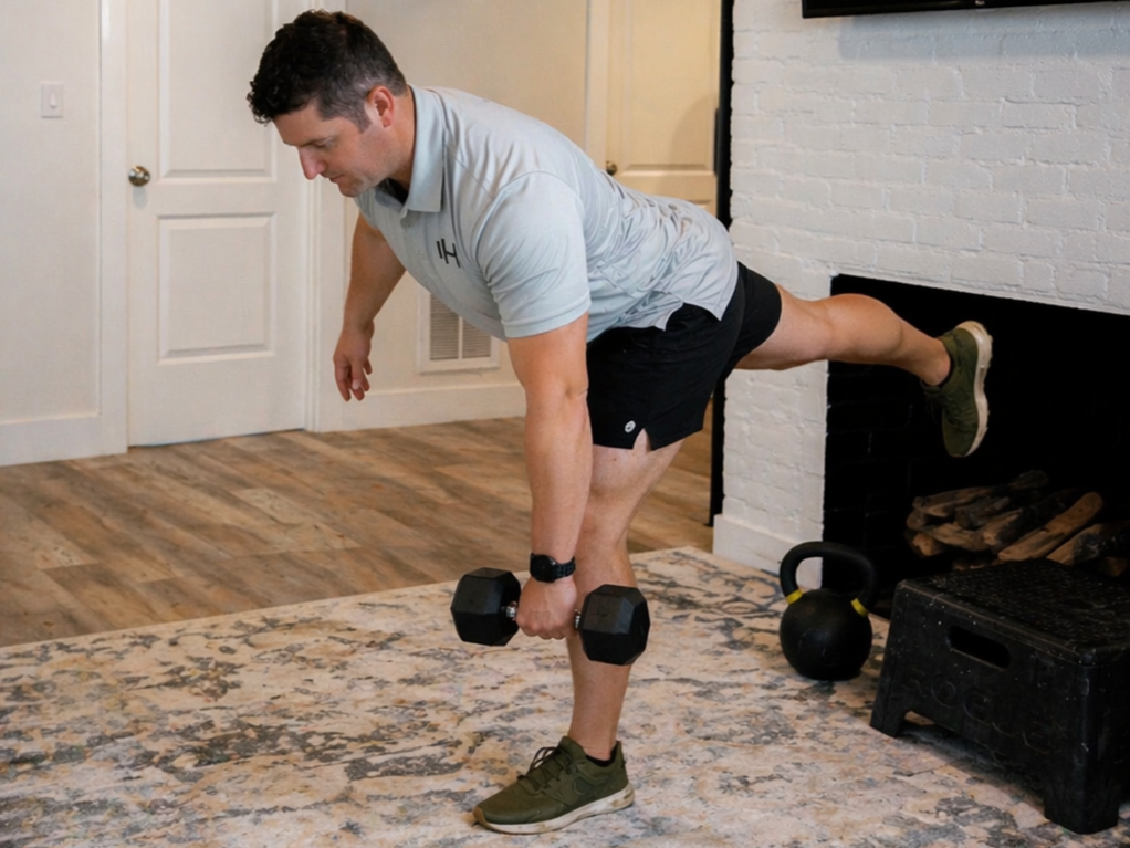 A trainer performs a single-leg deadlift with a dumbbell in a clean, in-home fitness setting.