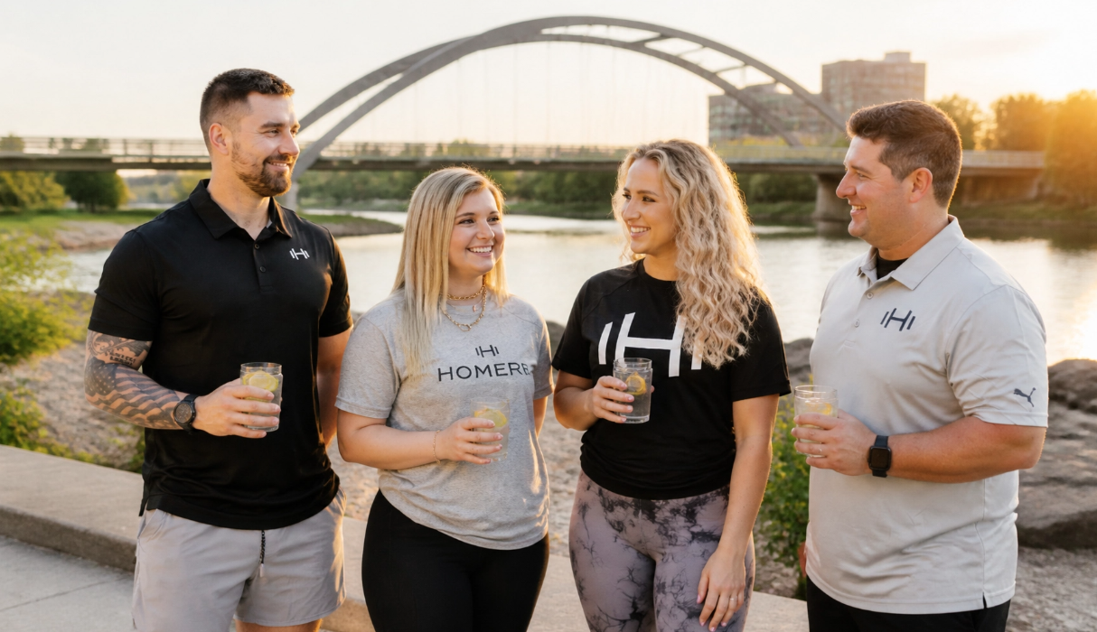 HOMEFIT trainers and clients standing outdoors by the river at sunset in branded apparel, promoting community-focused personal training, wellness coaching, and healthy lifestyle support.
