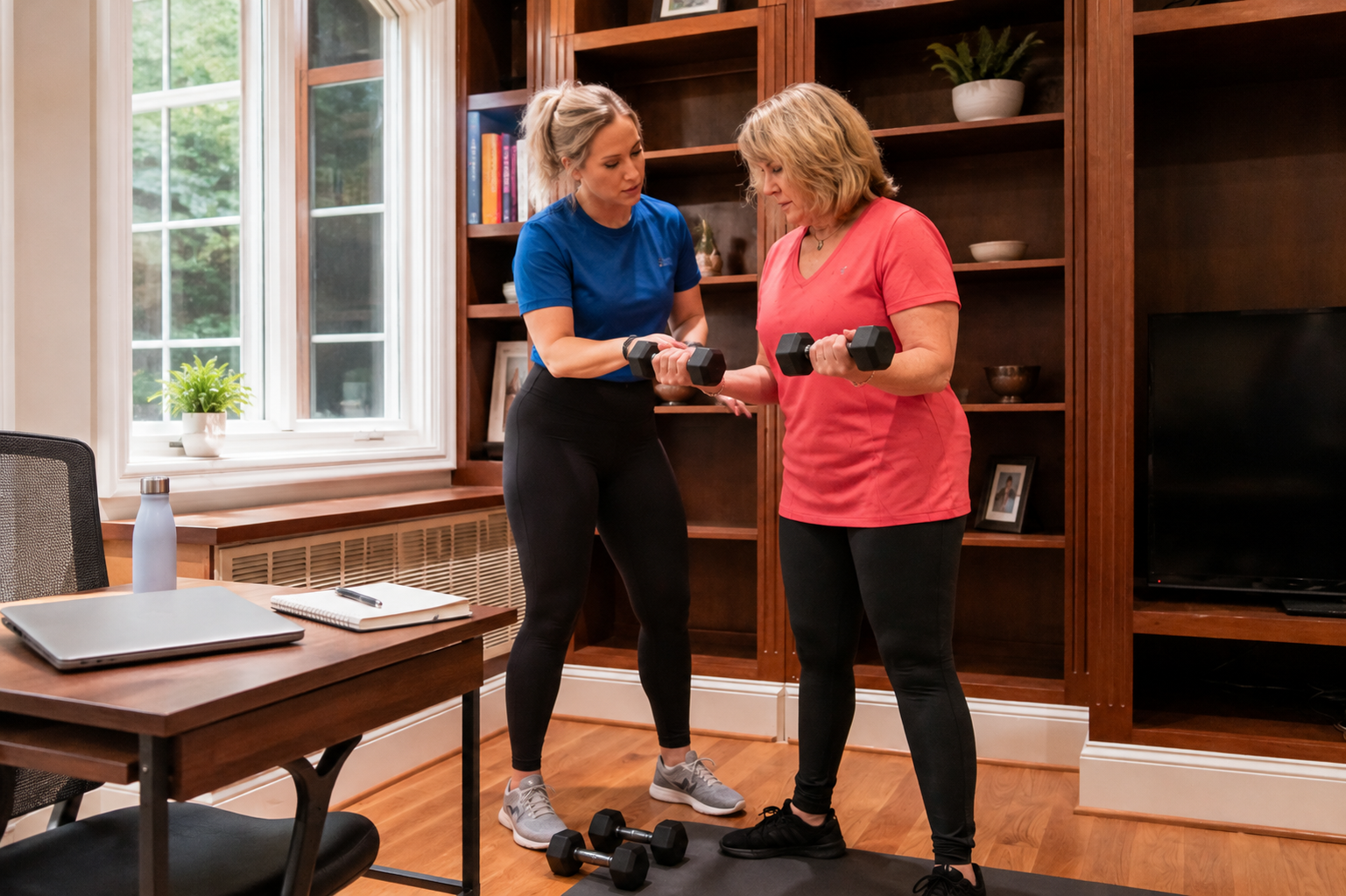 HOMEFIT personal trainer guiding a client through a dumbbell strength workout beside a home office setup.