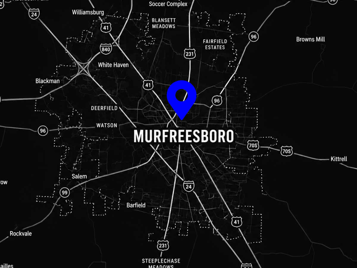 HOMEFIT Murfreesboro TN in-home personal training service area map featuring Murfreesboro, Tennessee and surrounding Rutherford County communities.