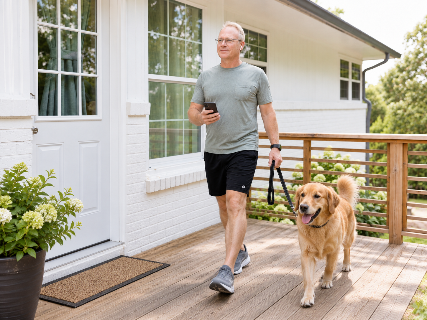 Older adult taking a brisk walk with a dog while listening to headphones, representing Zone 0 fitness and low-intensity everyday movement.