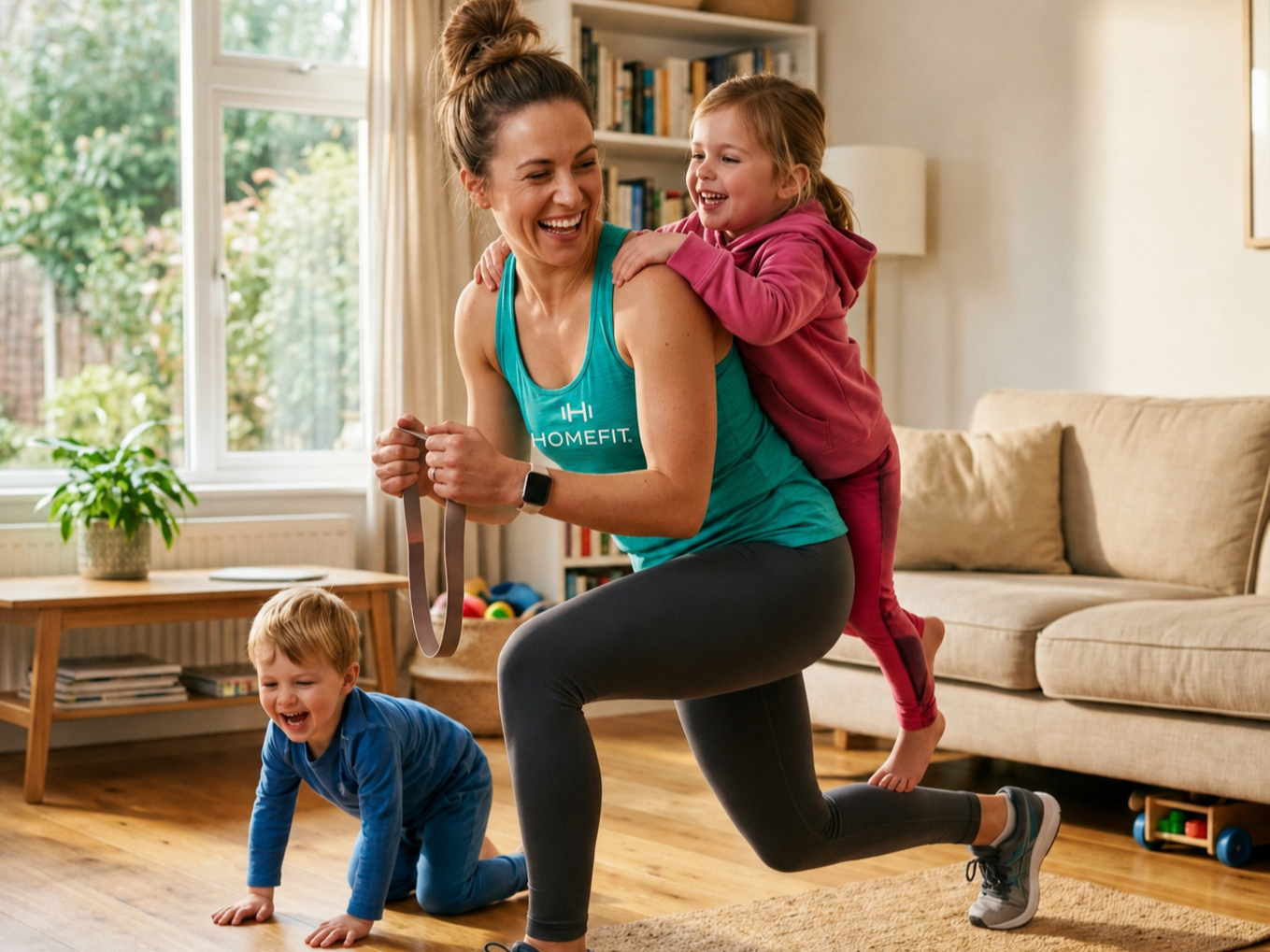 A smiling mom wearing a HOMEFIT tank top exercises with resistance bands in a bright living room while her two young children play and climb on her, highlighting family-friendly in home fitness and flexible wellness routines.
