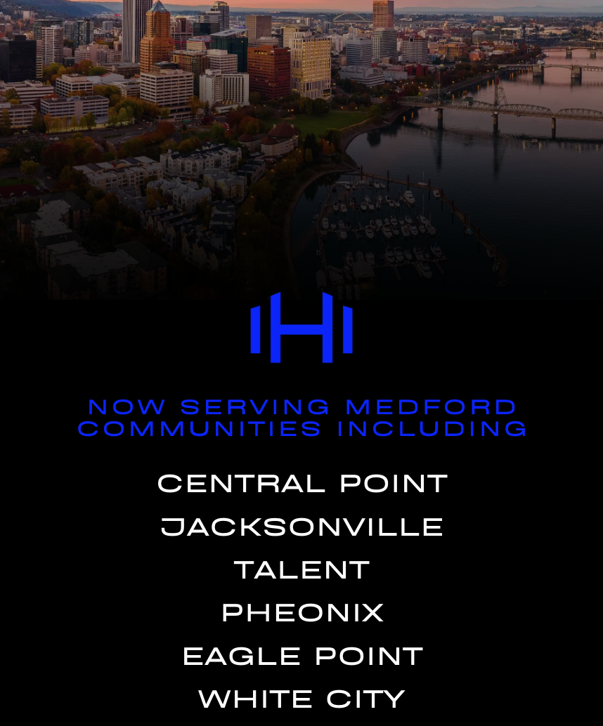 HOMEFIT Medford service-area graphic listing Central Point, Jacksonville, Talent, Phoenix, Eagle Point, and White City.