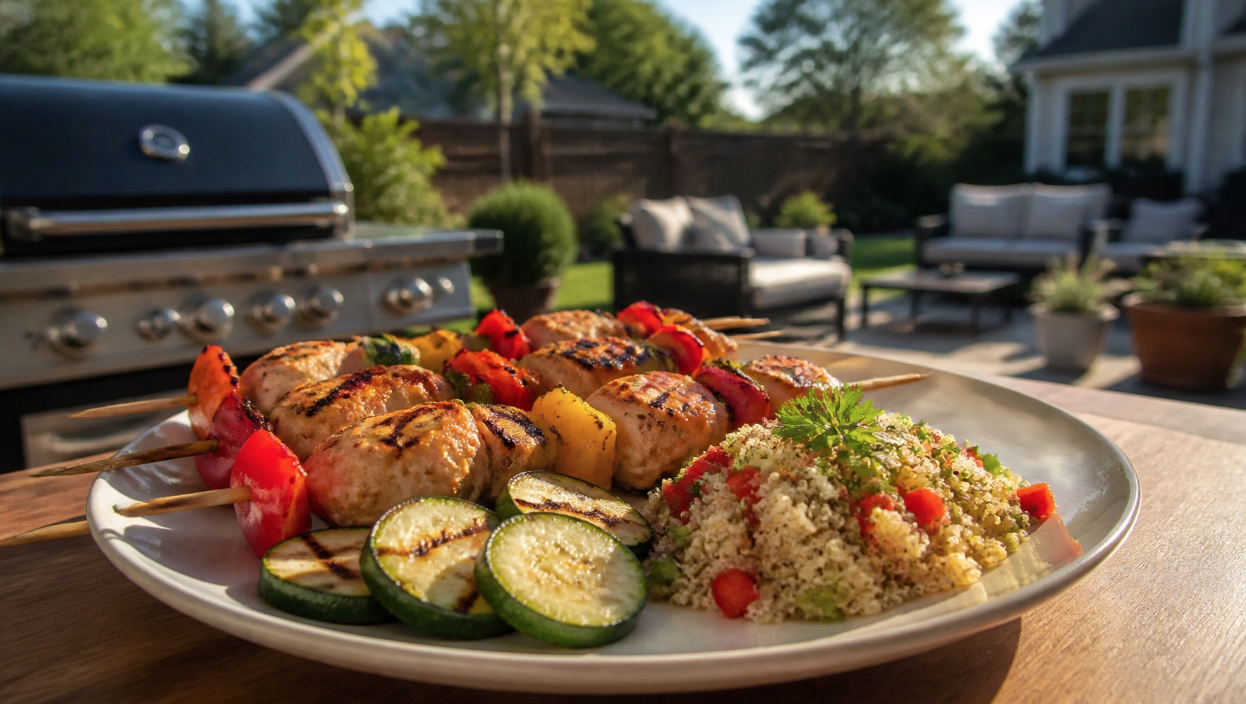 Healthy grilled chicken skewers with vegetables, quinoa, and zucchini on an outdoor patio table, representing balanced nutrition, meal prep ideas, and healthy eating for fitness goals.